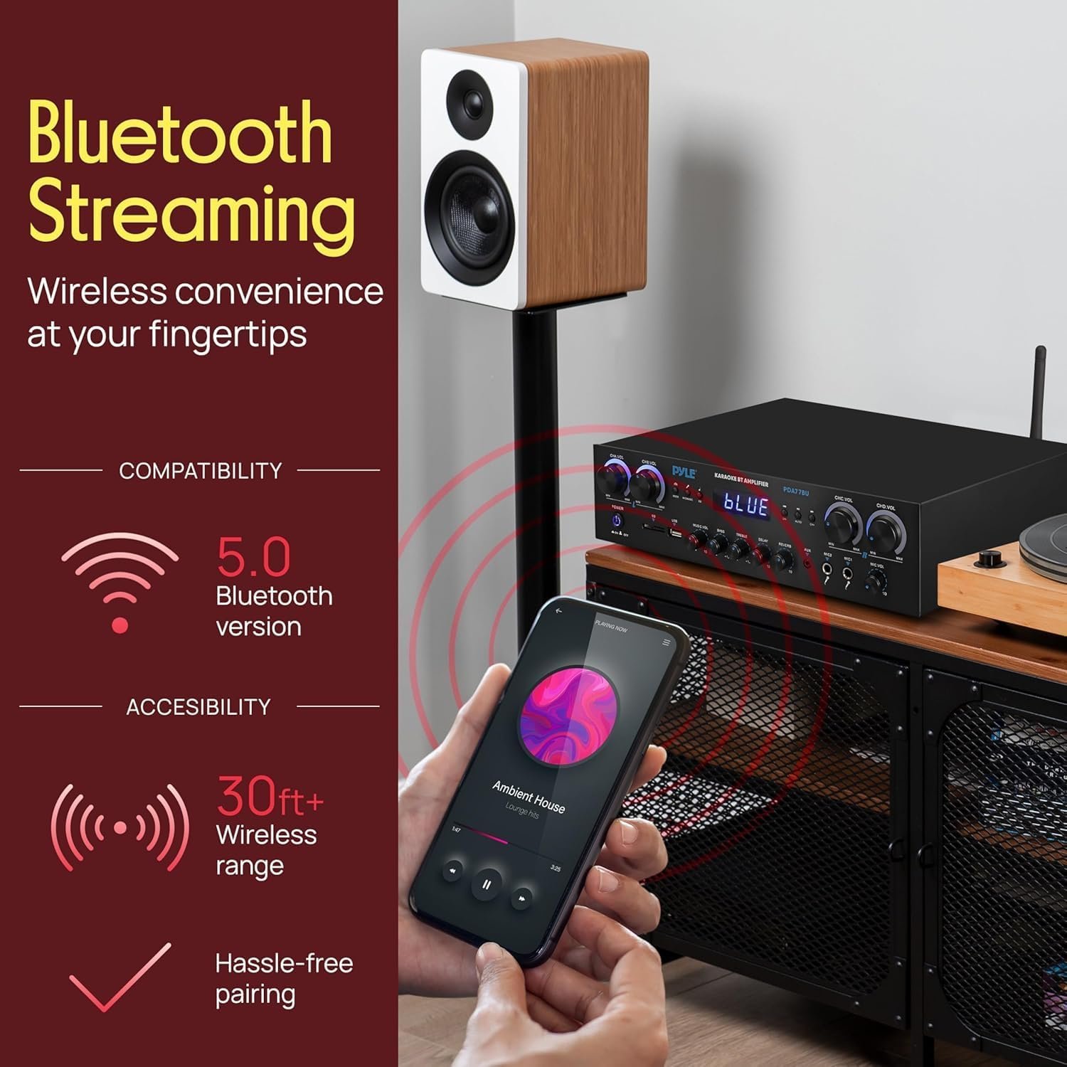 Pyle Home Stereo Receiver with Bluetooth - 4 Channel Amplifier, 800 Watt Max, USB-A Input w MP3 Player, Easy Karaoke Setup with Mic Vol, Reverb and Delay, RCA in/Out, SD Card, FM Radio - PDA77BU - Image 3