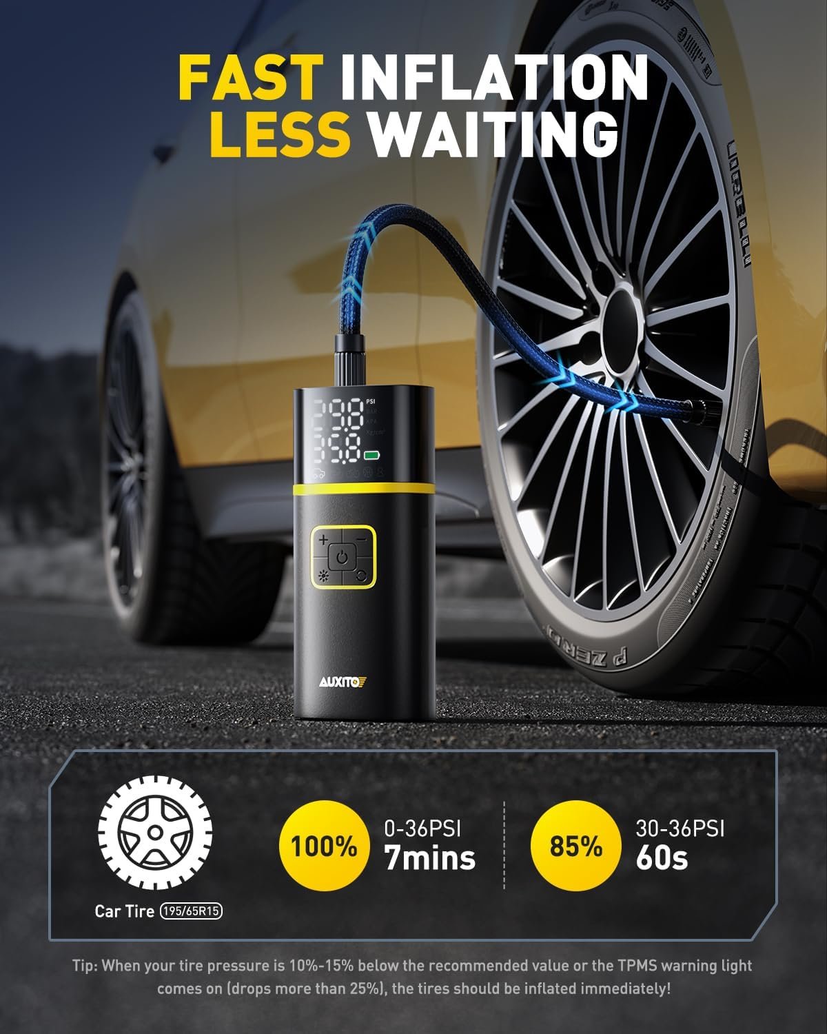 AUXITO AS1 Tire Inflator Portable Air Compressor - 150PSI Bike Pump 1Min Fast Inflate with Tire Pressure Gauge, 5200 mAh, LED Light, Car Accessories Air Pump for Auto, Moto, Bike Car Gifts for Men - Image 3