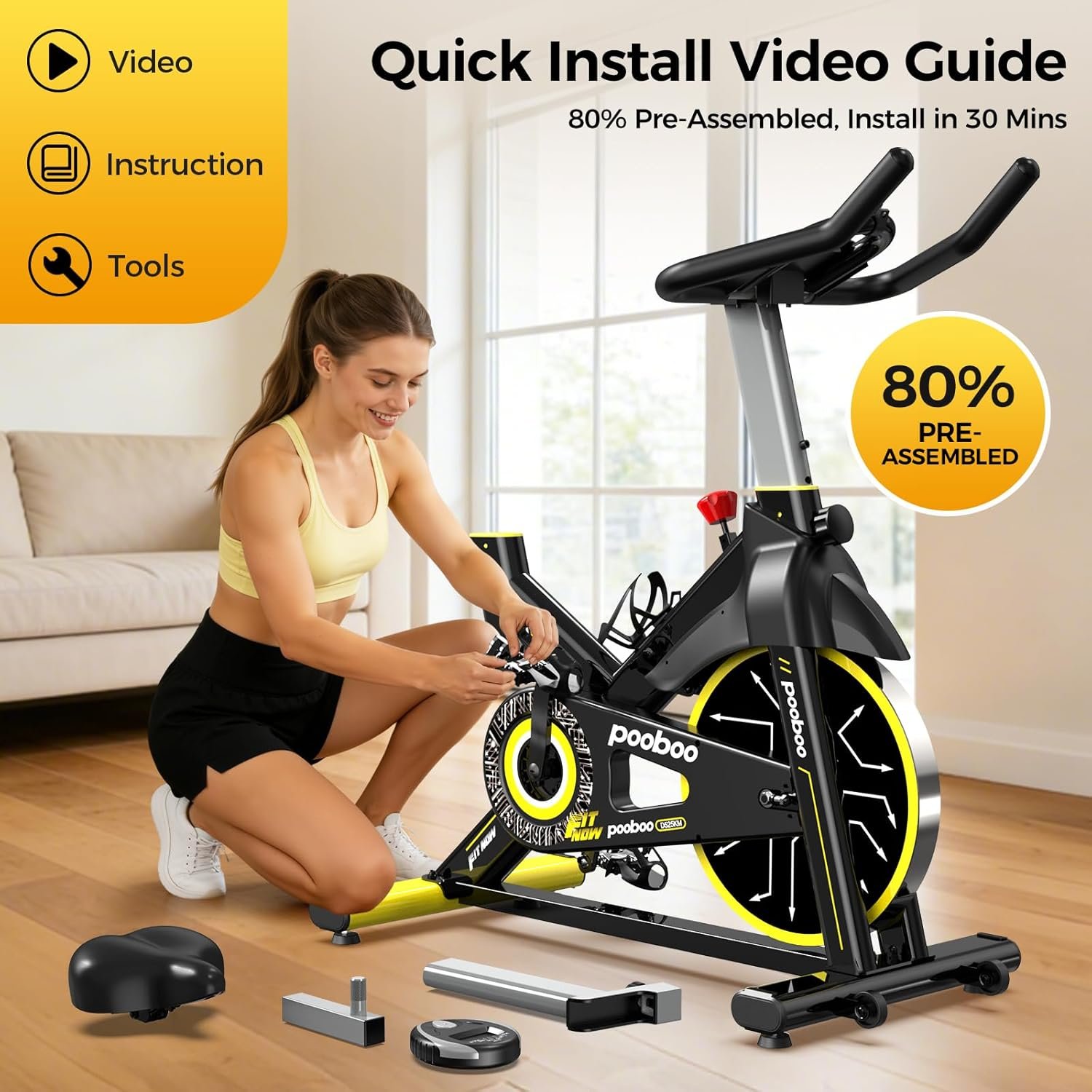 pooboo Exercise Bike,Stationary Bike for Home with Exclusive App,Indoor Low Noise Magnetic Cycling Bike with 350 lb Weight Capacity,Tablet Mount,LED Calorie Display and Fitness Courses for Weight Loss - Image 9