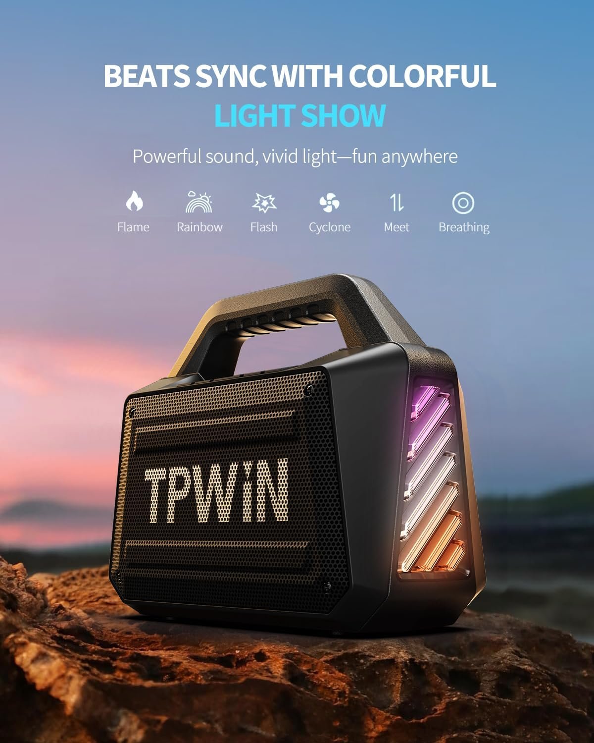 Bluetooth Speaker - 80W Loud Rugged Outdoor Speakers, IPX6 Waterproof, 20H Playtime, Deep Bass, Lightshow, TWS, BT 5.3 Wireless, Portable for Travel Hiking Camping Beach Pool - Black - Image 6