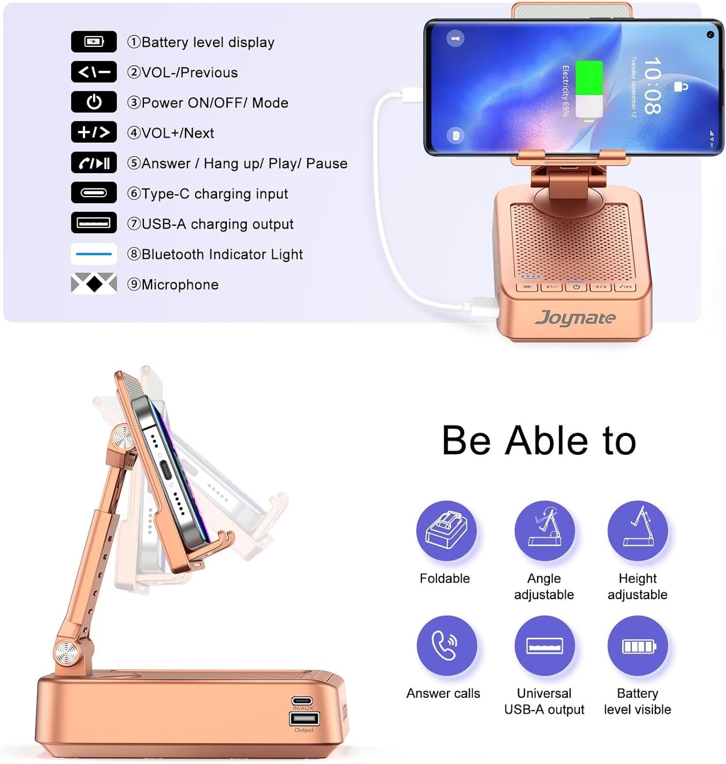 Gifts for Women Girls, Bluetooth Speaker Phone Stand with Charging Function 360° Rotable Adjustable Cell Phone Holder with HD Surround Sound for Desk Fits All Phones,Tablet (Rose Gold) - Image 4