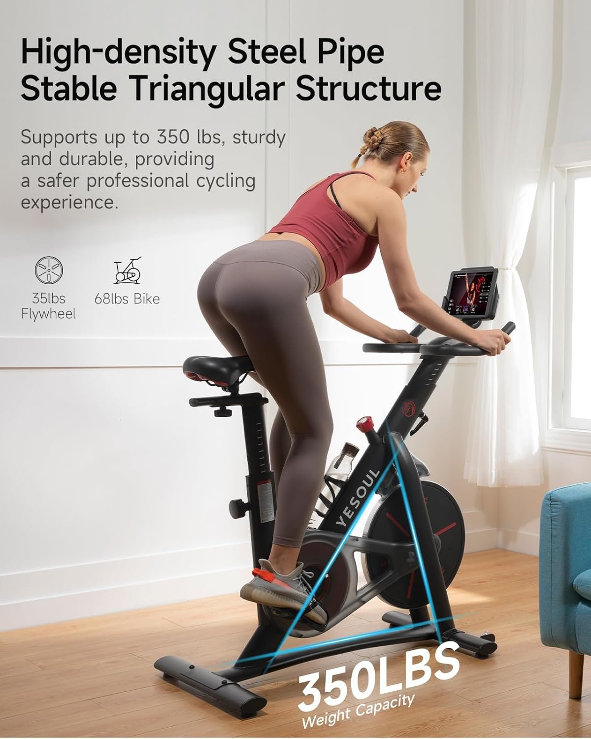 Yesoul Black Exercise Bike for Home, Low Noise Indoor Cycling Bike for Home Gym Electric Stationary Bike with Tablet Mount & Comfortable Seat Cushion for Women Apartment Workout Bike for Fitness - Image 3