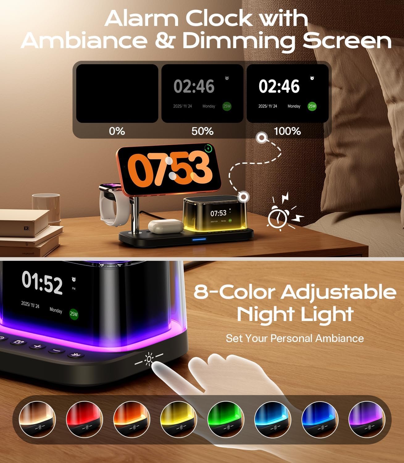 45W 5 in 1 Charging Station with Bluetooth Speaker and Alarm Clock & Night Light, Qi2.2 25W Fast Wireless Charger for MagSafe Charger for iPhone 17/S26 Ultra, Charger Stand for Apple Watch & AirPods - Image 4