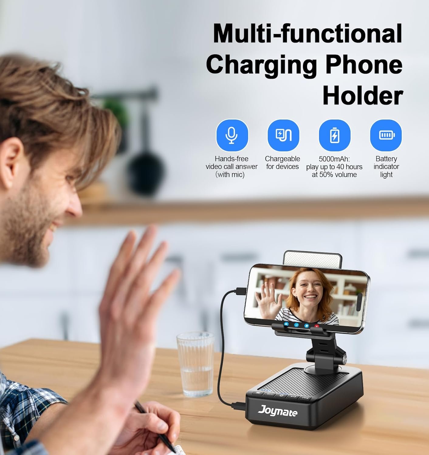 Gifts for Men Women, Phone Stand with Bluetooth Speaker and Charging Function 360° Rotable Angle Adjustable Cell Phone Holder with HD Stereo Sound Fits All Phones,Tablet (Black) - Image 2