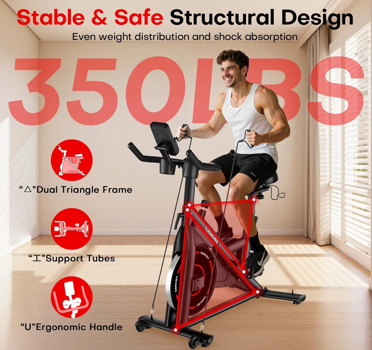 Exercise Bike, CHAOKE Quiet Adjustable Magnetic Resistance Stationary Bike for Home Cardio with App Compatible, 350LB Weight Capacity Indoor Cycling Bike with Comfortable Seat & Digital Display - Image 4