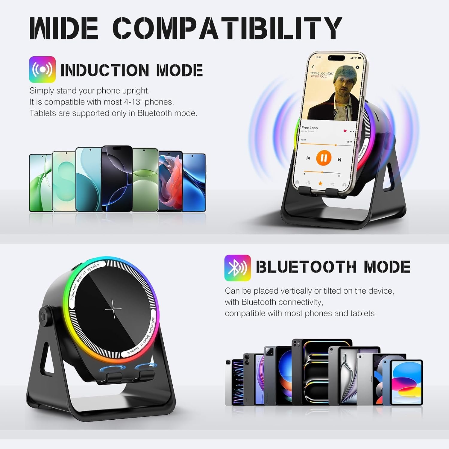 Wireless Induction Speaker, 5-in-1 Bluetooth 5.3 Phone Stand with 360° Rotation & RGB Ambient Light - Cool Tech Gadgets Gifts for Men Women Dad Mom - Compatible iPhone/Android/iPad/Samsung (Black) - Image 4