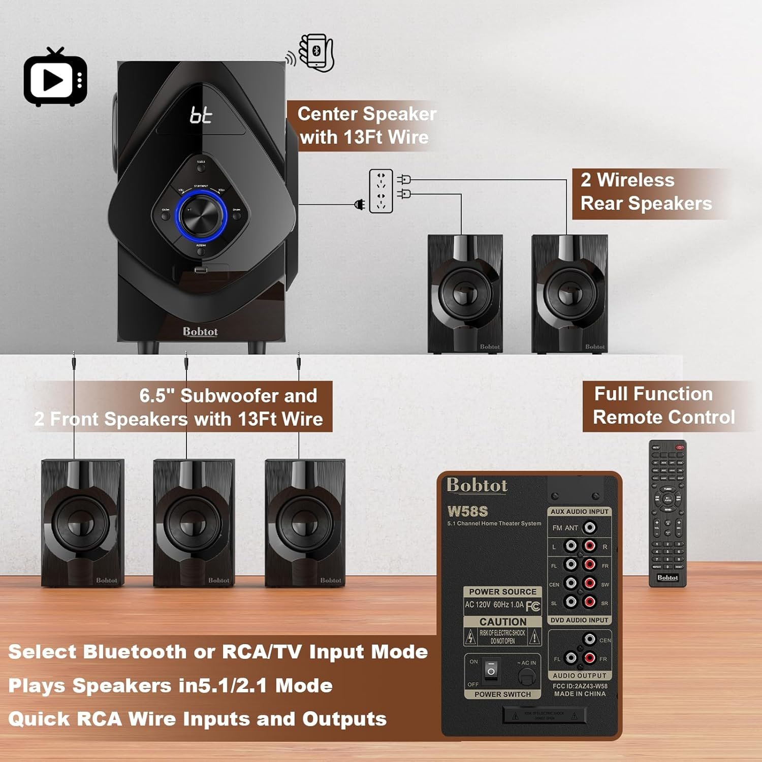 Bobtot Home Theater System Wireless Rear Satellite Speakers 800W 6.5 inch Subwoofer 5.1/2.1 Channel Surround Sound Systems with ARC Optical Bluetooth Input - Image 4
