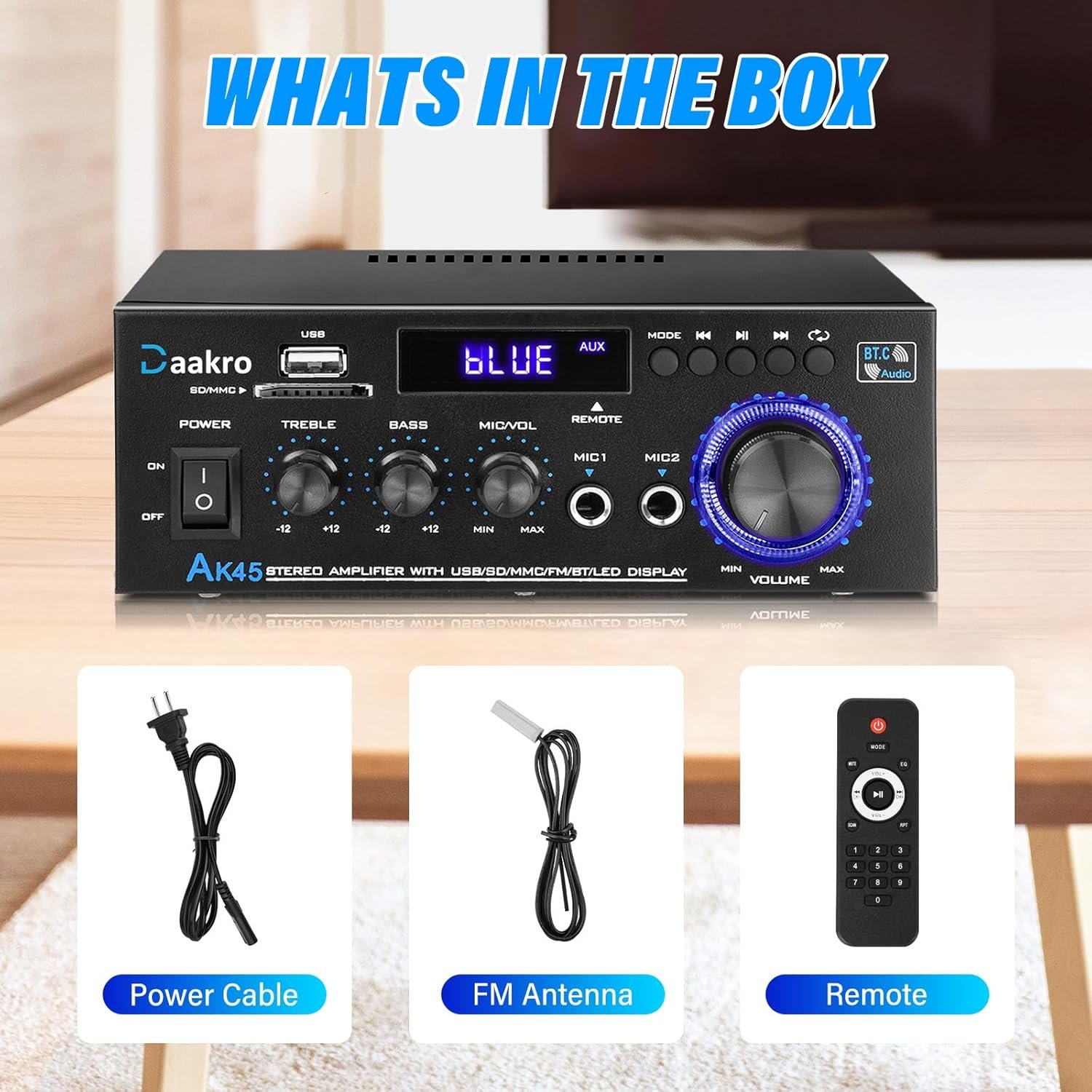 Daakro AK45 Stereo Audio Amplifier,300W Home 2 Channel Wireless Bluetooth 5.0 Power Amplifier System, Home Amplifiers FM Radio, USB, SD Card, with Remote Control Home Theater Audio Stereo System - Image 8