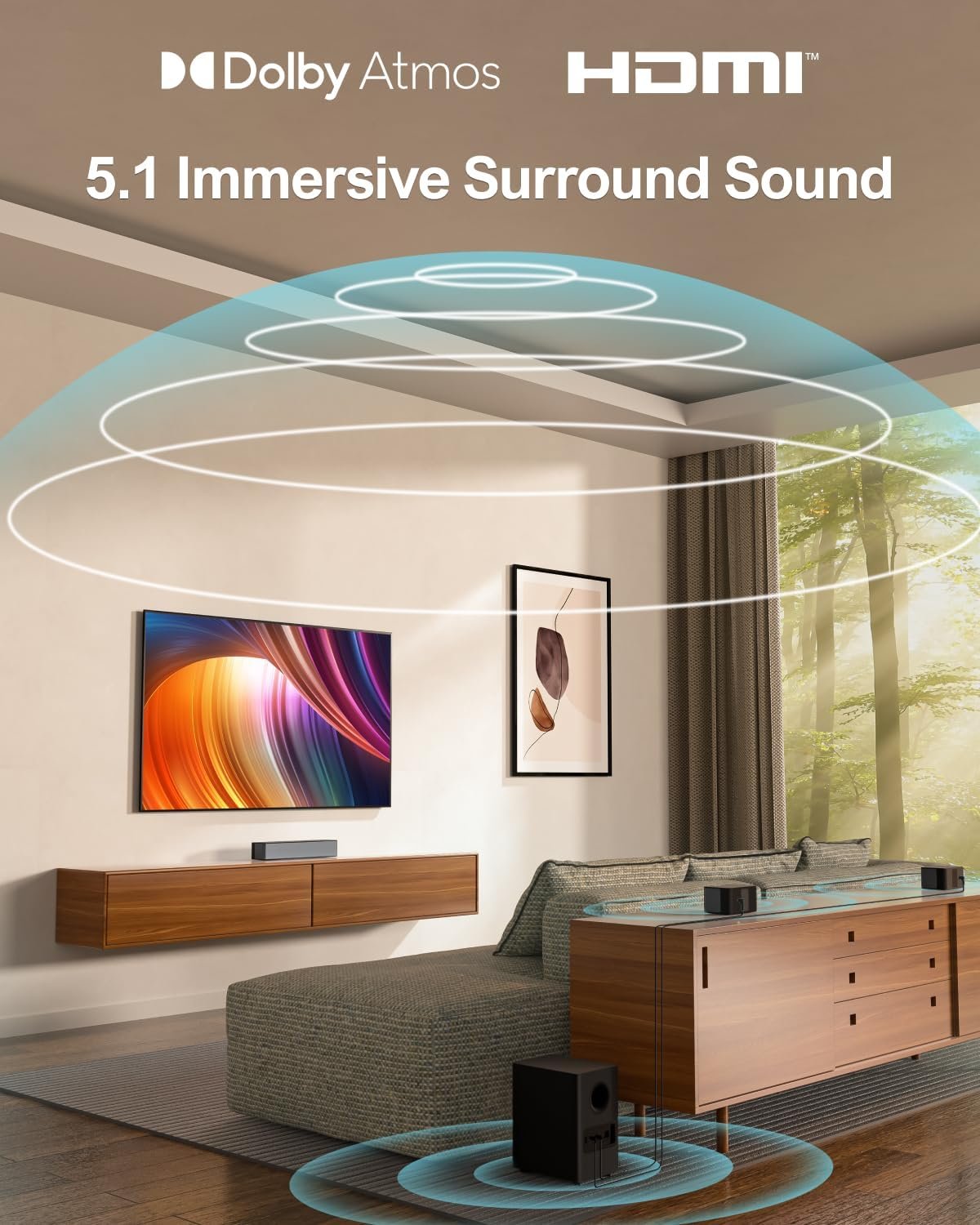 ULTIMEA 5.1 Sound Bar, 410W Dolby Atmos Surround Sound System for TV, 3D Sound Bars for Smart TV w/Subwoofer, Adjustable Surround & Bass, Home Audio w/APP Control, Poseidon D60(New 2025 Version) - Image 3