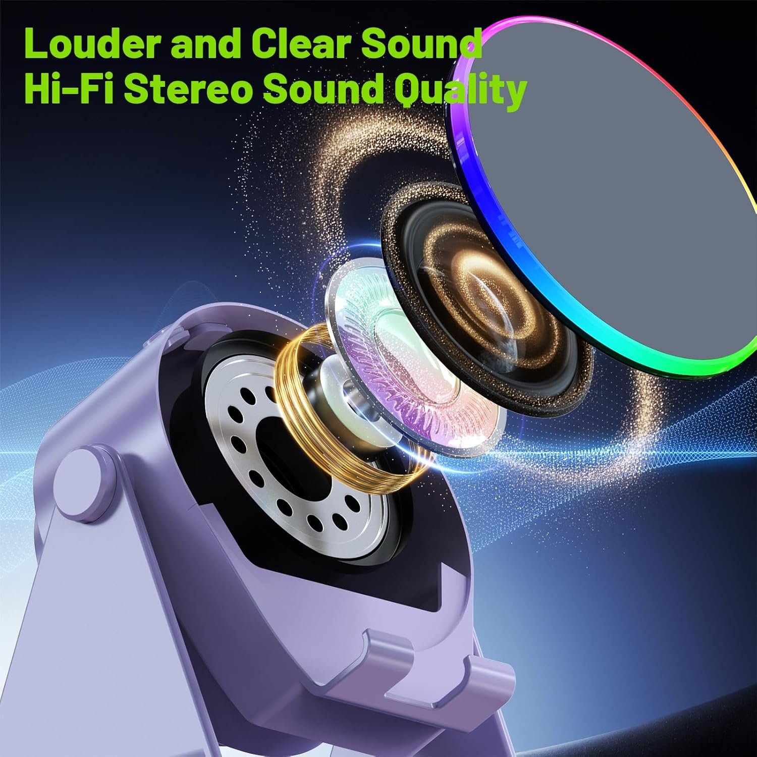 Wireless Induction Speaker, 4 in1 Phone Stand Bluetooth Speaker Amplifier with Colorful Ambient Light 360° Rotation Holder for Tablet iPhone Android,Portable Gifts for Adults Teens (Purple) - Image 6