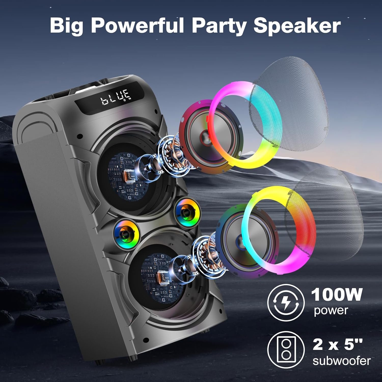Portable Bluetooth Speaker 100W Big Powerful Wireless Boombox TWS Pairing Loud Stereo Sound Deep Bass Large Party Speakers with Subwoofer LED Lights for Outdoor Home Camping - Image 3