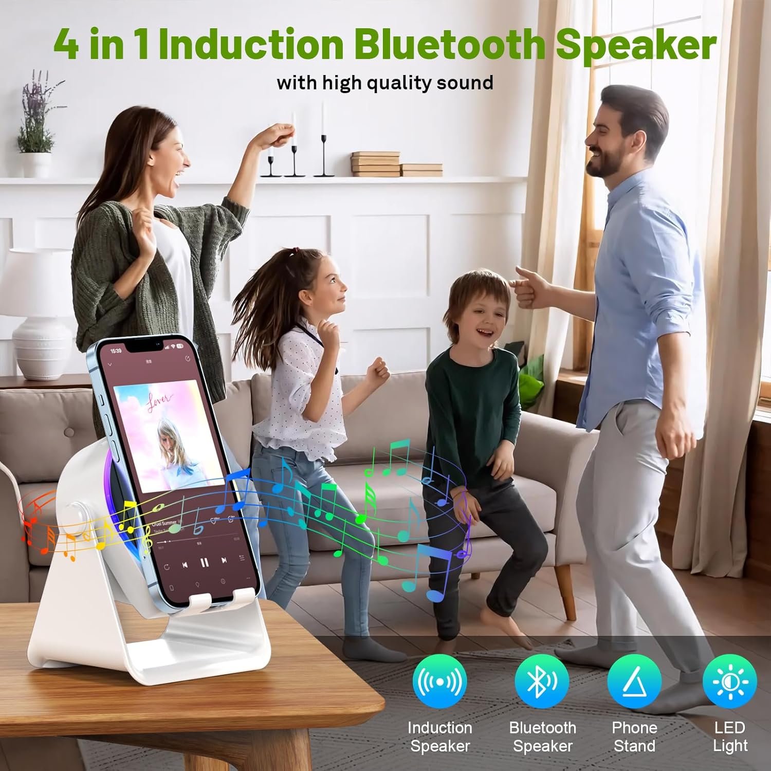 Wireless Induction Audio Bluetooth Speaker, 4 in 1 Phone Stand Speakers Amplifier with Colorful Ambient Light,360° Adjustable Holder for Tablet iPhone Android, Gifts for Men Women Teens-White - Image 2