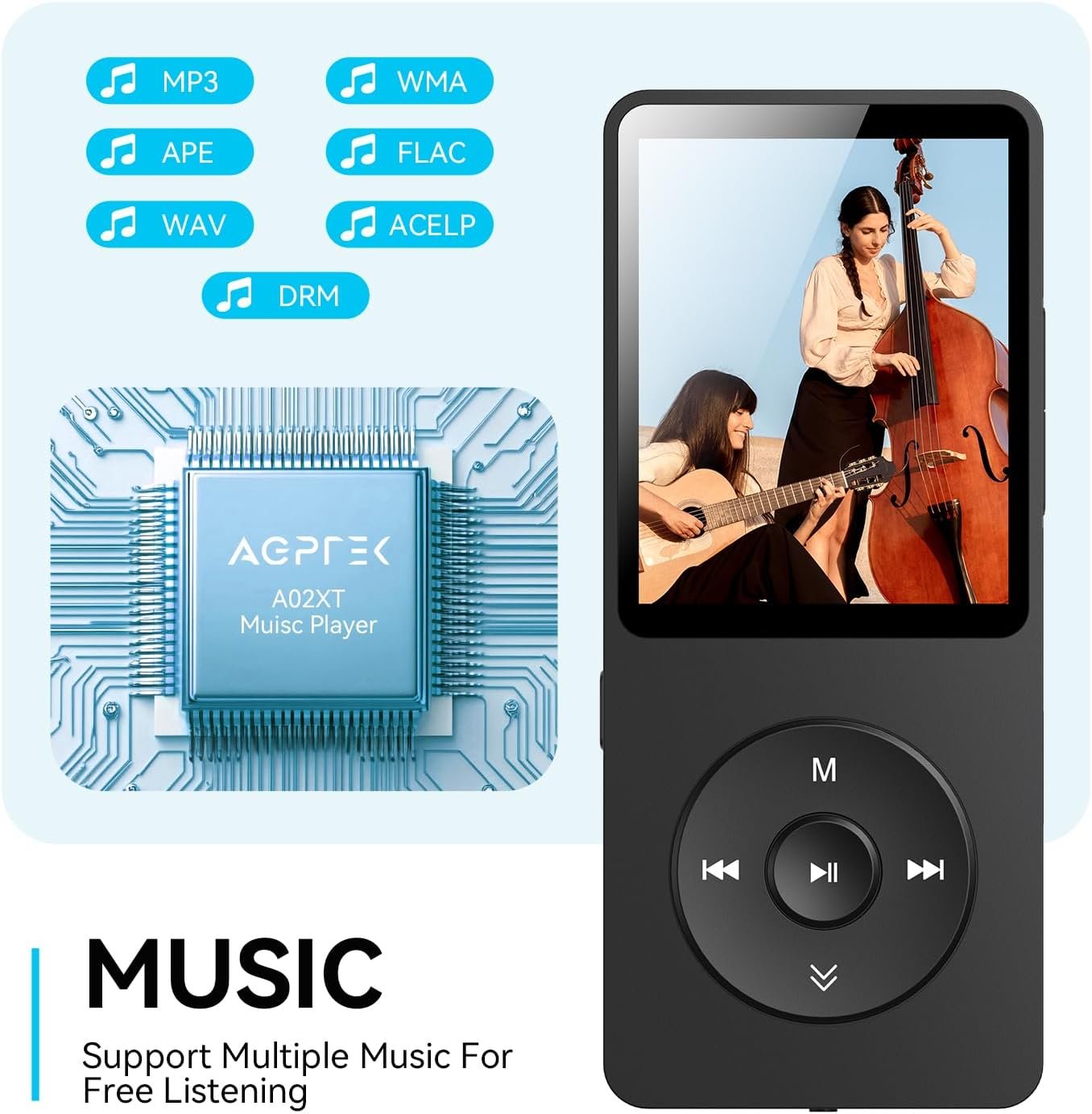 AGPTEK A02 MP3 Player with Bluetooth 5.3, 1.8 inch Screen Portable Music Player with Speaker, FM Radio, Voice Recorder, Supports Expanded Up to 128GB(Black, 32GB) - Image 5