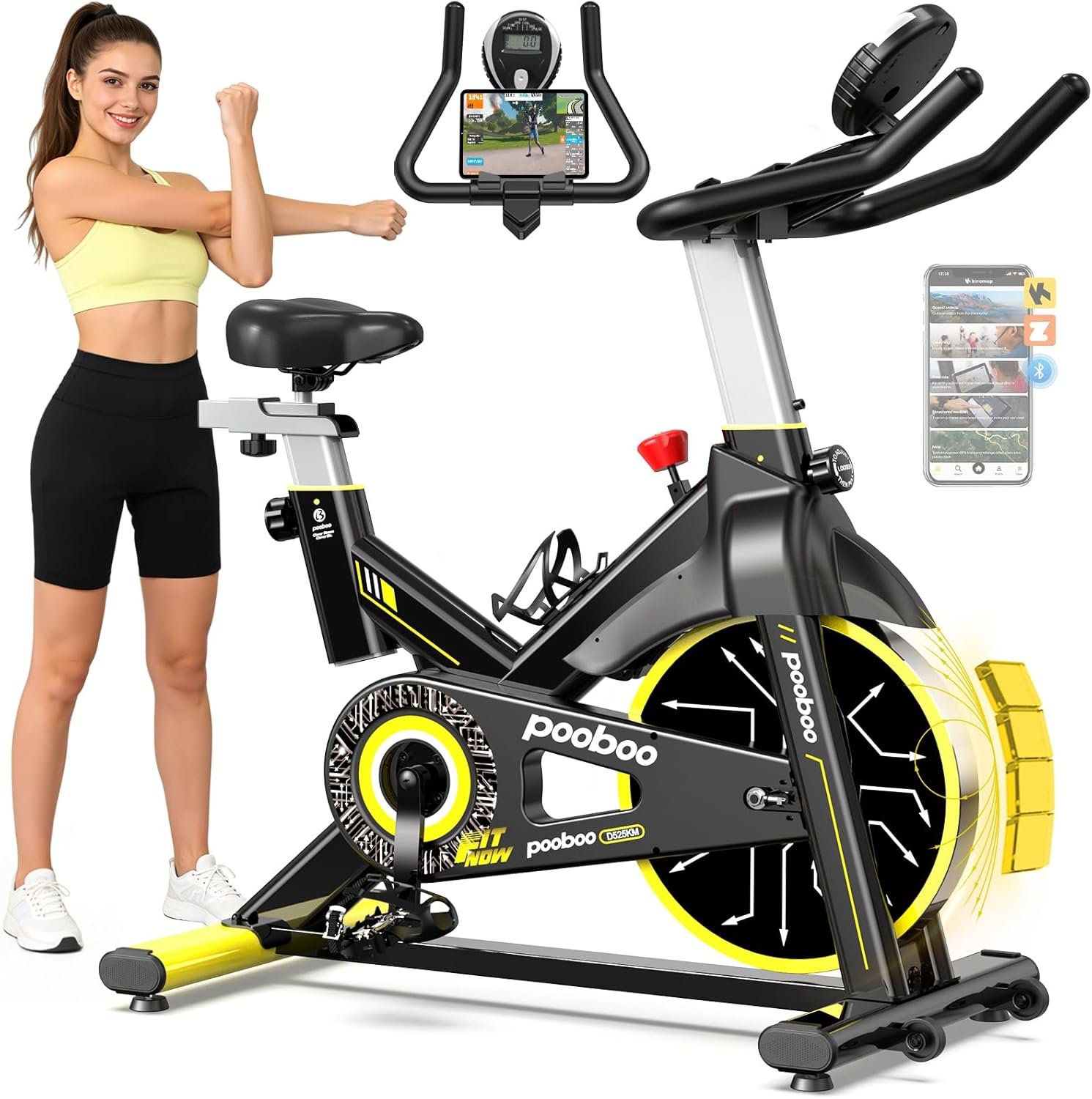 pooboo Exercise Bike,Stationary Bike for Home with Exclusive App,Indoor Low Noise Magnetic Cycling Bike with 350 lb Weight Capacity,Tablet Mount,LED Calorie Display and Fitness Courses for Weight Loss