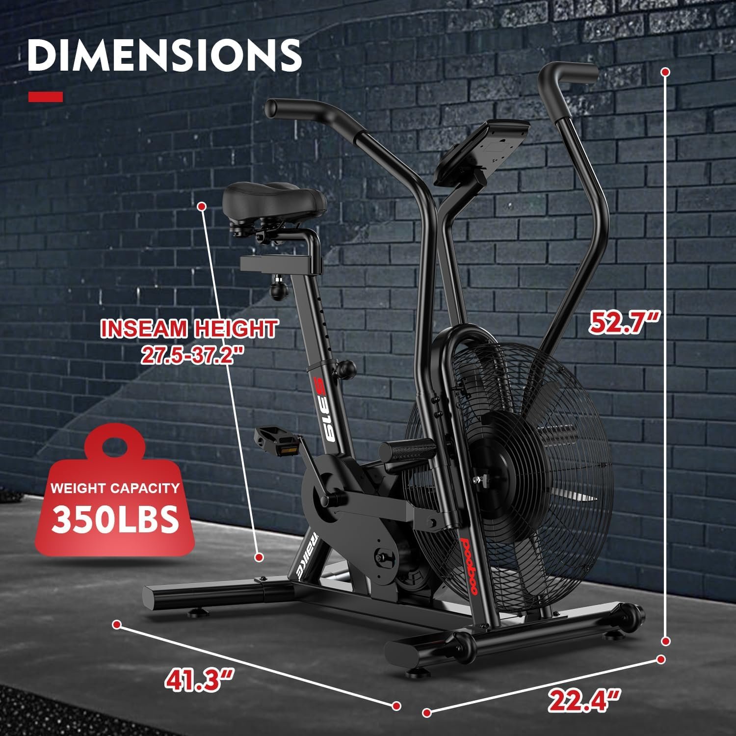 pooboo Exercise Bike, Stationary Bike for Home Gym, Air Resistance Bluetooth Fan Bike w/Dual Acction Handlebars & Dual-Layer Transmission System, Upright AirBike Indoor Cycling Bike for Cardio Workout - Image 5