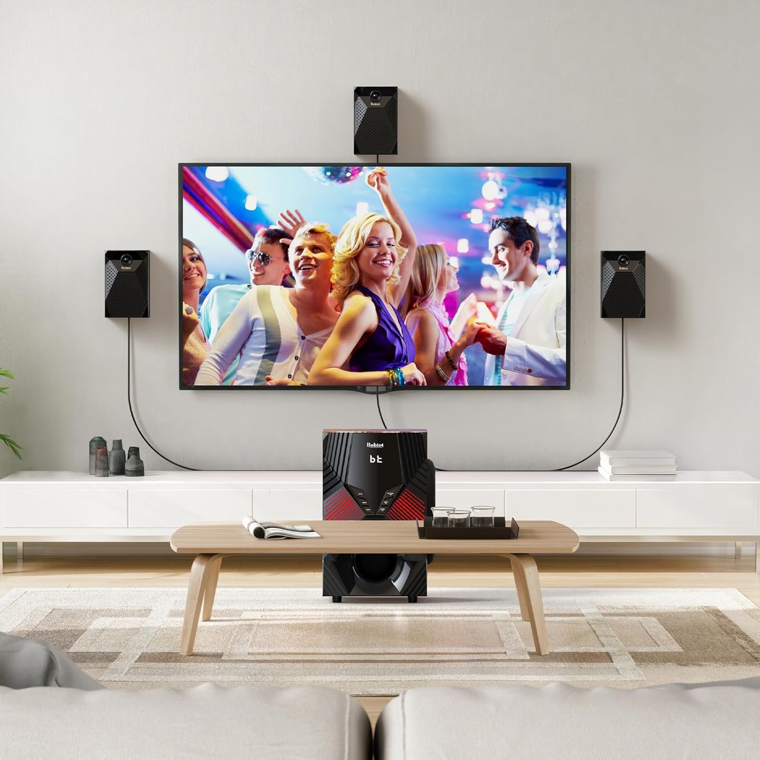 Bobtot Home Theater System, 1000 Watts Peak Power Surround Sound Systems 5 Wired Satellite Audio Speakers 8" Subwoofer 5.1/2.1 Channel Deep Bass with ARC Optical Bluetooth AUX Input - Image 6