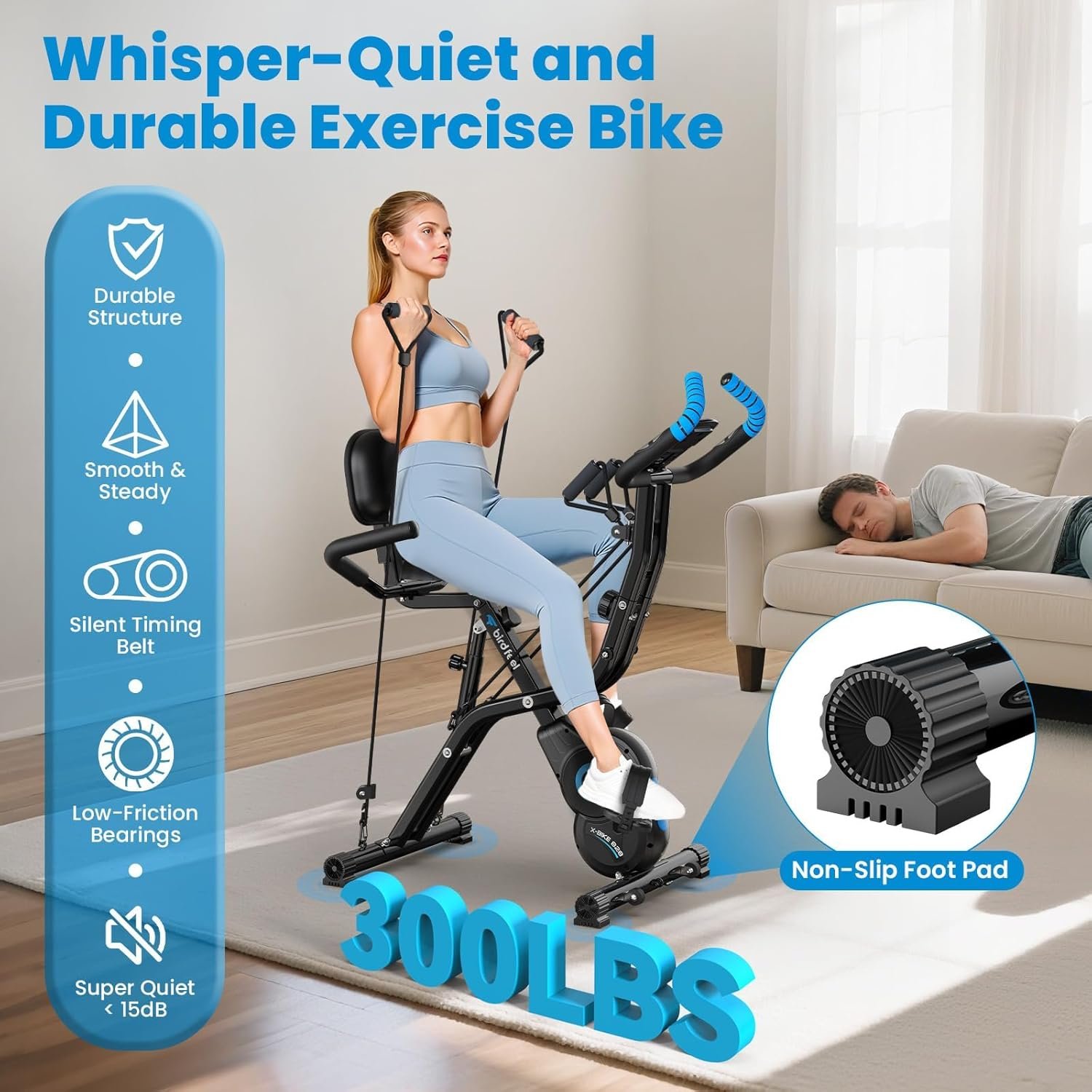 Foldable Exercise Bike, Multifunctional Indoor Stationary Bikes for Home with 8-Level Magnetic Resistance, Quiet Workout Bike with Arm Resistance Bands, LCD Monitor, 300LBS Capacity - Image 3