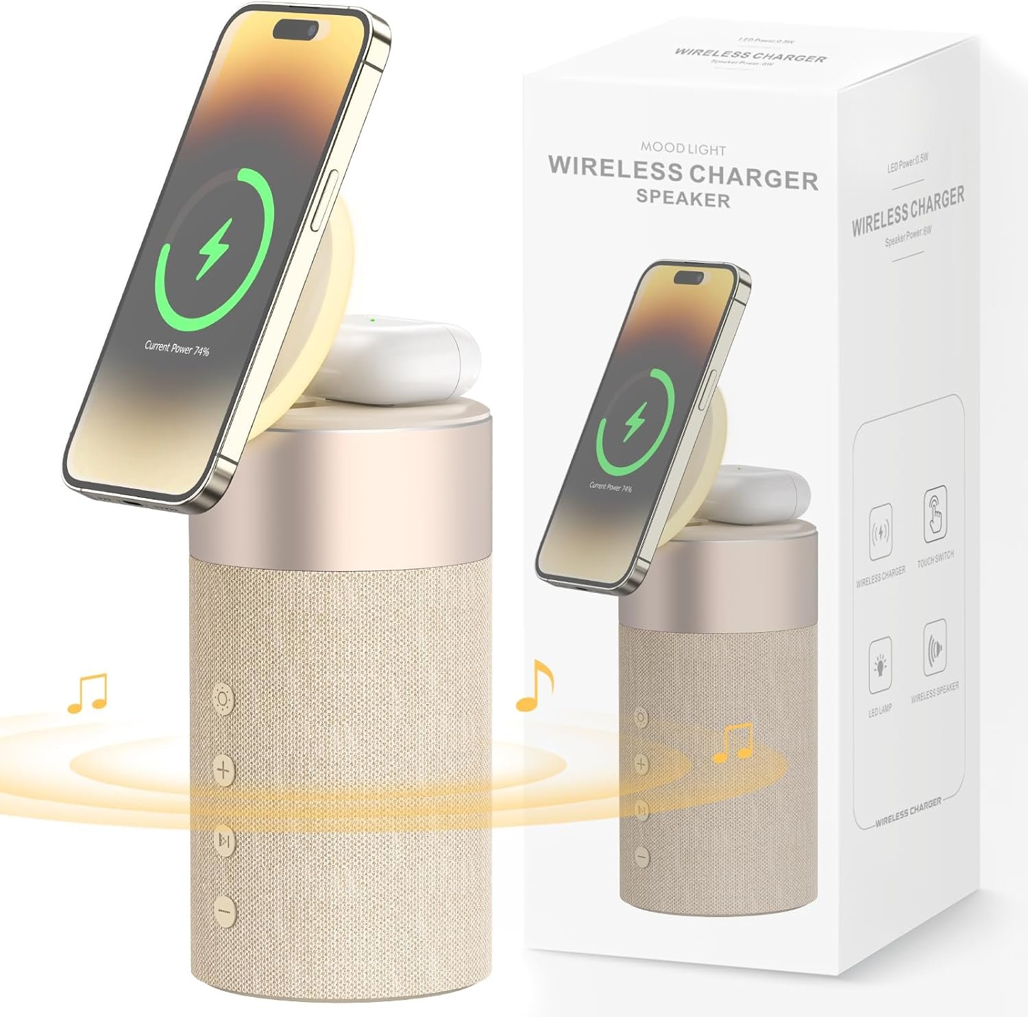 COLSUR Bluetooth Speaker, Magnetic Wireless Charger, Bluetooth Speakers with Night Light, 2 in 1 Wireless Charging Station for iPhone 17/16/15/14/13/12 Series, AirPods Pro 2/4/3/2(Gift Ideal)(Yellow)