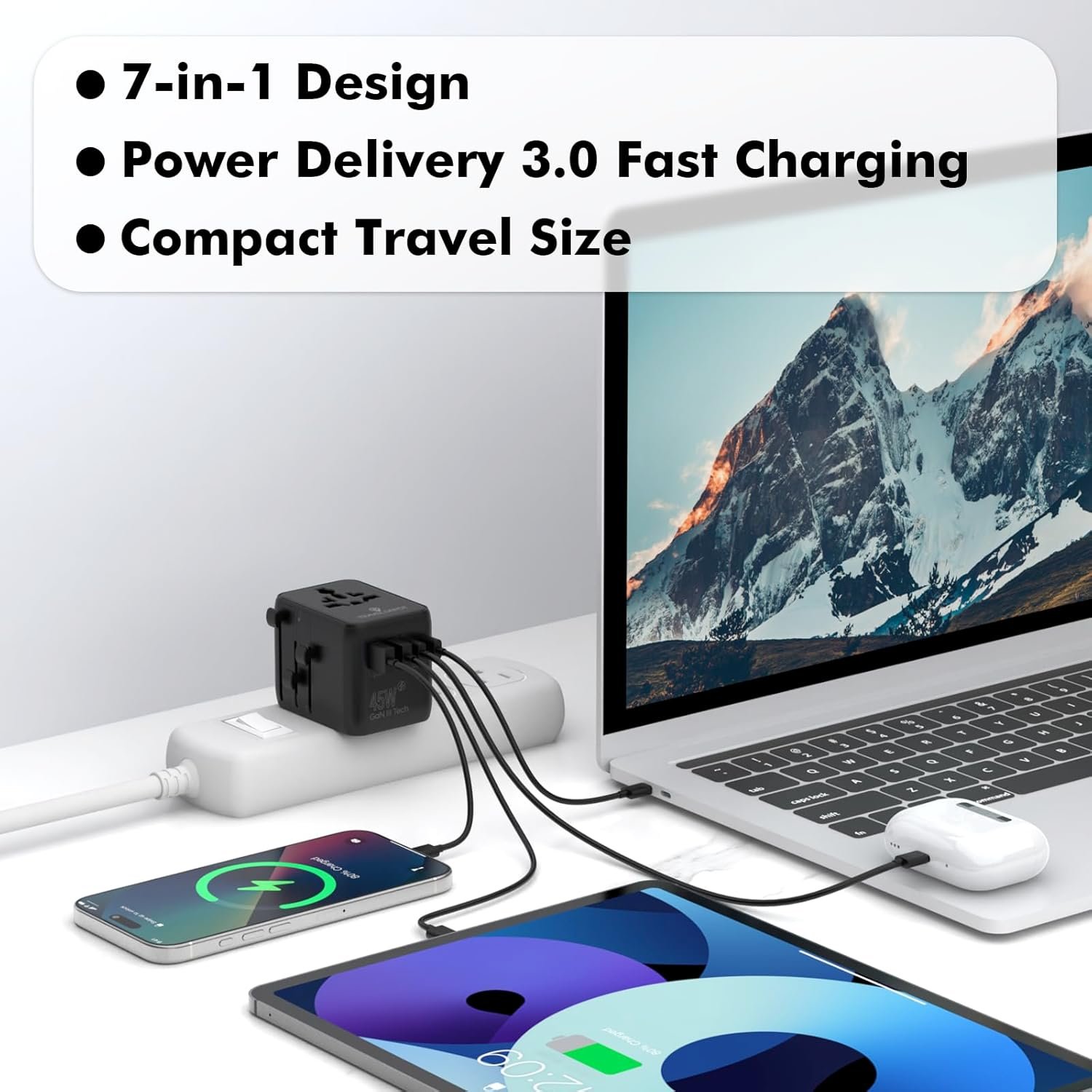 TRAVEL DEPOT 7 in 1 Travel Adapter Worldwide w/GaN 45W, 2 USB-A (15W), 3 USB-C (45W), 2 AC Outlets, Safety Certified International Plug Adapter for Universal Laptop, Phone, Camera for US, EU, UK, AU - Image 2