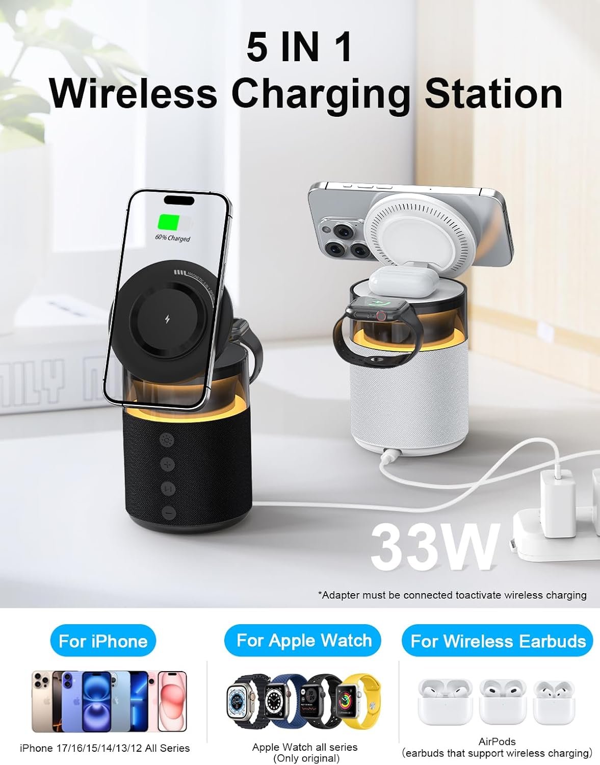 5-in-1 Wireless Charging Station with Bluetooth Speaker,Magnetic Charger with Night Light,Charger Stand with 33W Adapter Compatible with Apple Watch&iPhone 16 15 14 13 12 Pro Max&Wireless Earbuds - Image 2