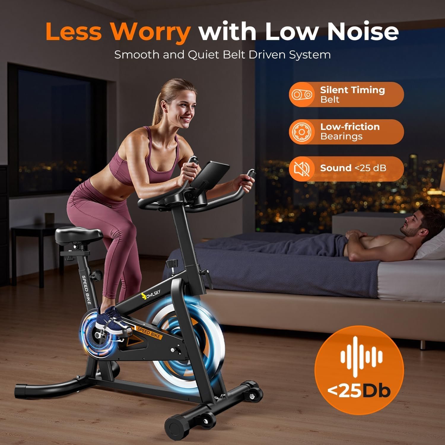 OWLSKY Exercise Bike with APP,Indoor Cycling Bike, 300 lbs Capacity Quiet Stationary Bike for Home Gym, Cardio Bike Workout, Adjustable Seat & Tablet Holder - Image 3