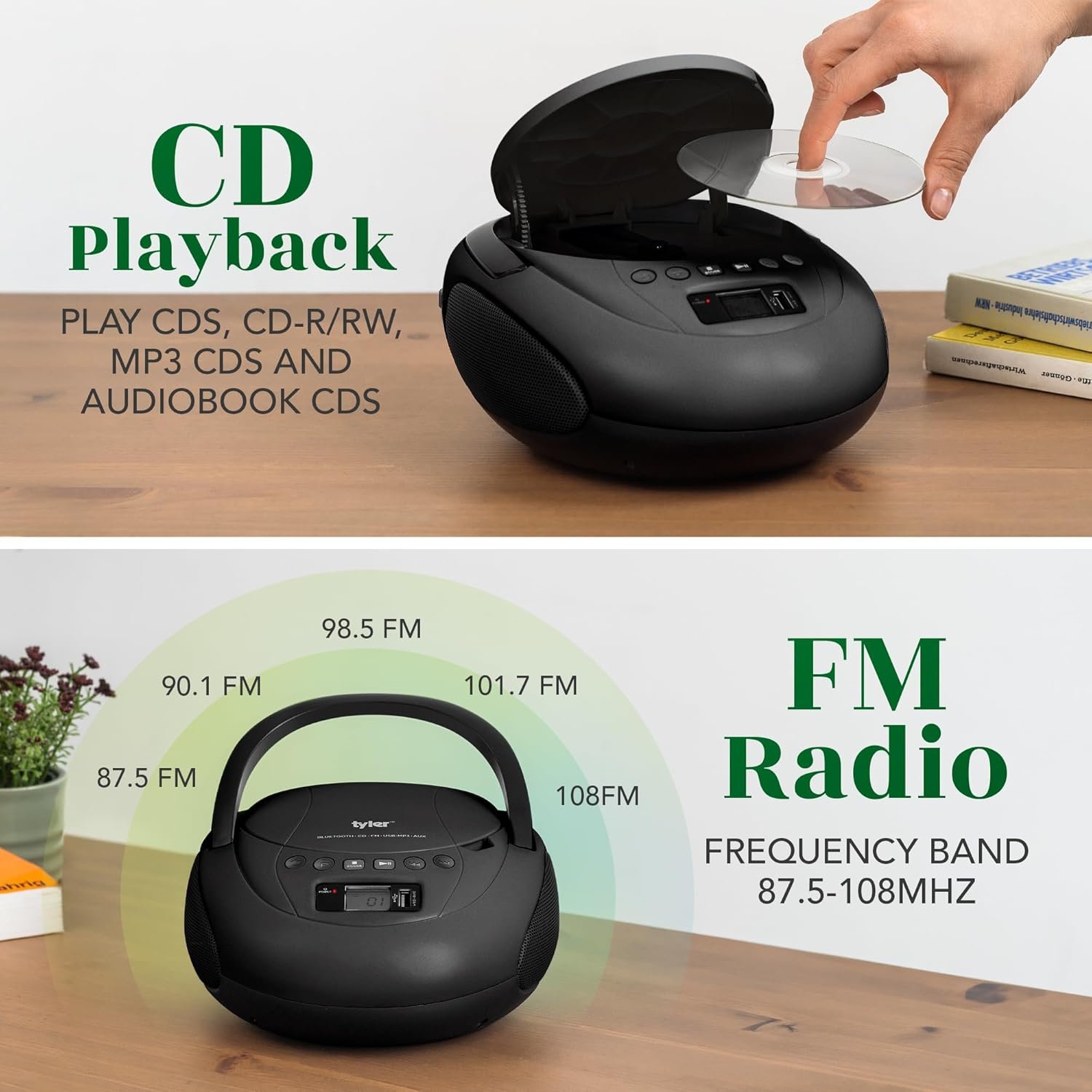Tyler Portable CD Player Boombox with FM Radio, Bluetooth, and USB Port | Clear Stereo Sound | CD-R/RW and MP3 CDs Compatible | 3.5mm Aux Input and Headphone Jack | TAU107 - Black - Image 4