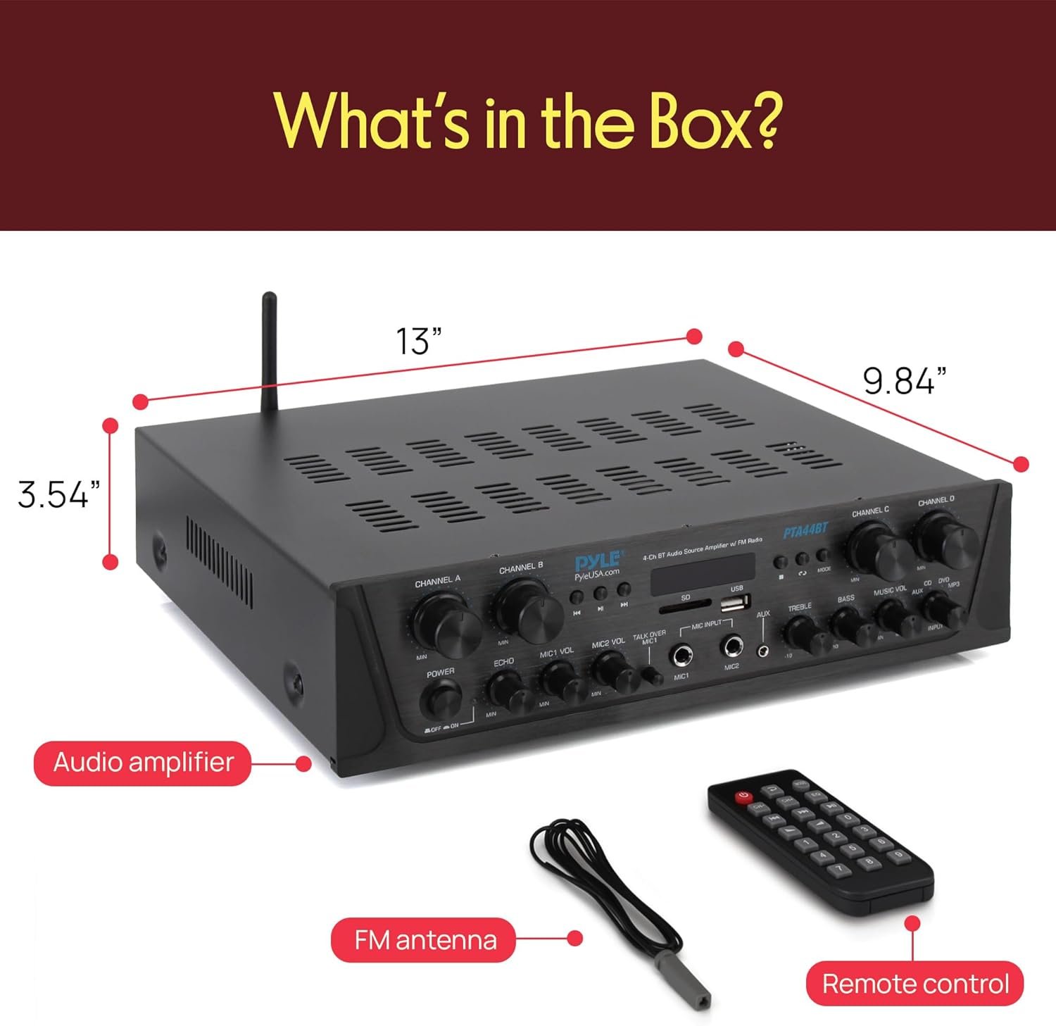 Pyle 4-Channel Audio Amplifier with Bluetooth - Home Stereo Receiver w/ 500W Max Power - Commercial or Karaoke - Dual Mic Input with Echo, Vol, Talk-Over - AUX In - Sub Out - USB-A MP3 Player, AM/FM - Image 7