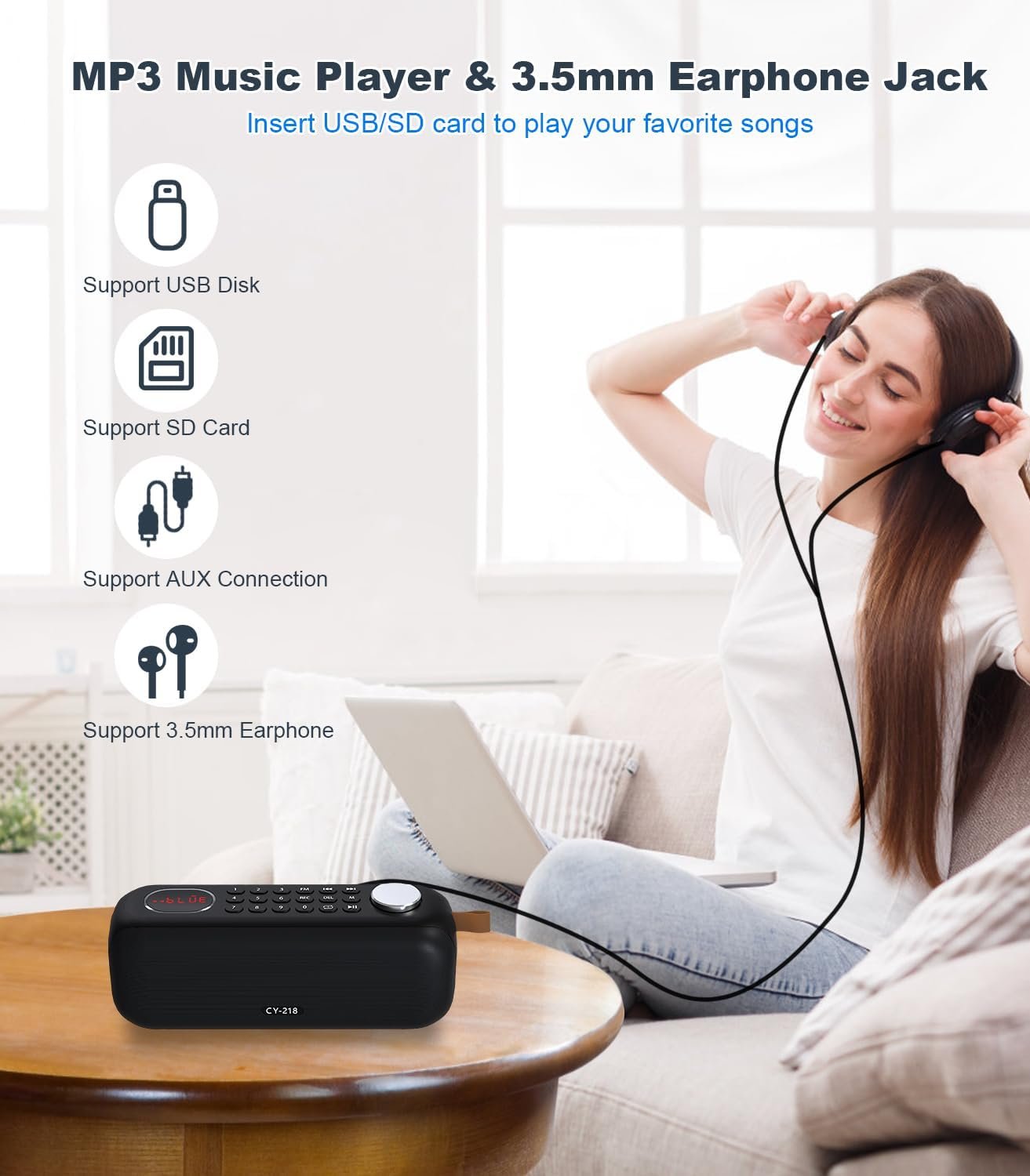 Portable Bluetooth Speaker FM Radio Digital, Support USB/SD Card MP3 Music Player/AUX/REC, Build-in 3000mAh Rechargeable Battery, 10W Powerful Speaker and Earphone Jack for Indoor Outdoor - Image 8