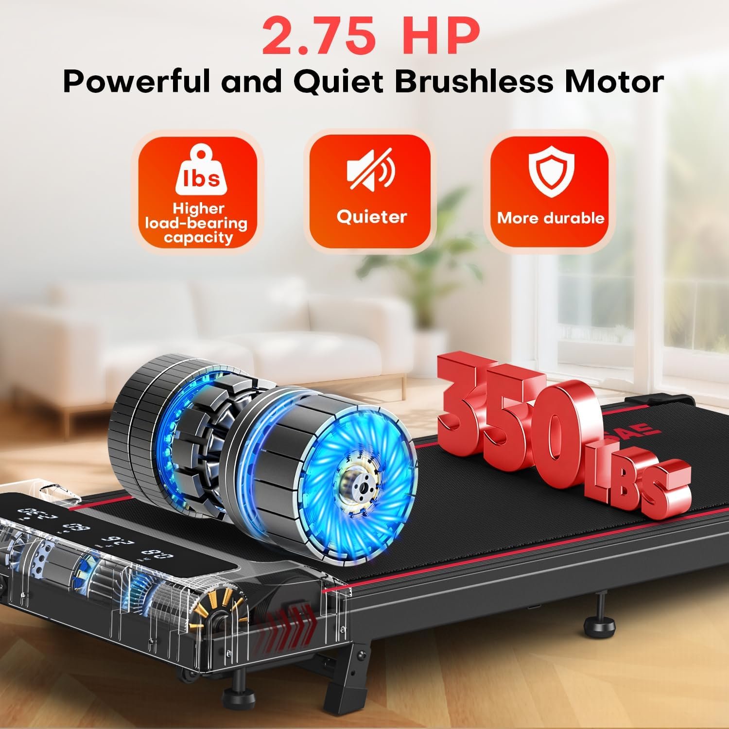 Walking Pad with 10% Incline Treadmills for Home, 4 in 1 6.2MPH Walking Pad Under Desk Treadmill with Full Screen LED Display, 2.75HP Brushless Drive, 12 HIIT Programs, 350 LBS Weight Capacity - Image 7
