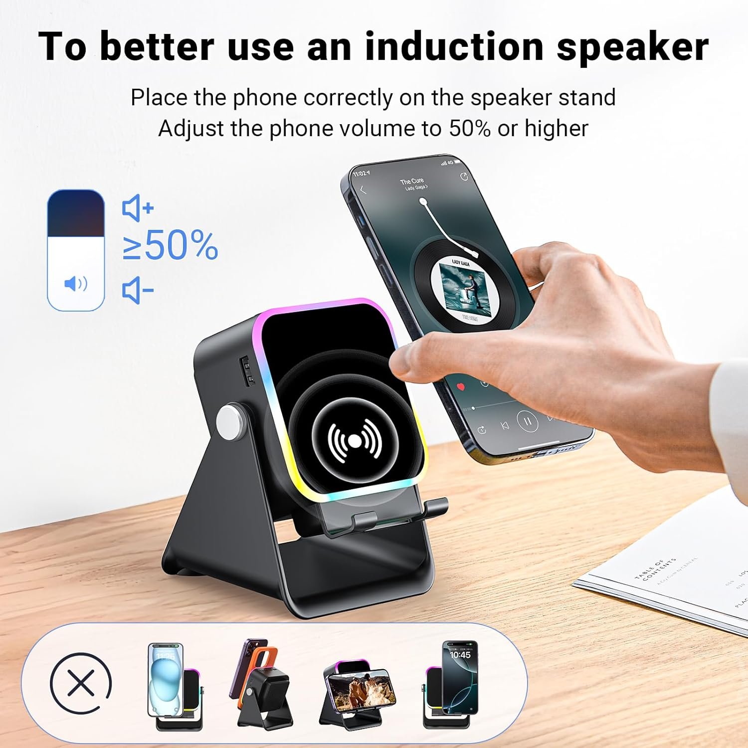 Induction Speaker with Phone Stand 5 in 1 Wireless Induction Bluetooth Audio for iPhone Android Phone Speakers Amplifier with Rechargeable Colorful Light, Birthday Gifts for Men Women Teens (Black) - Image 6