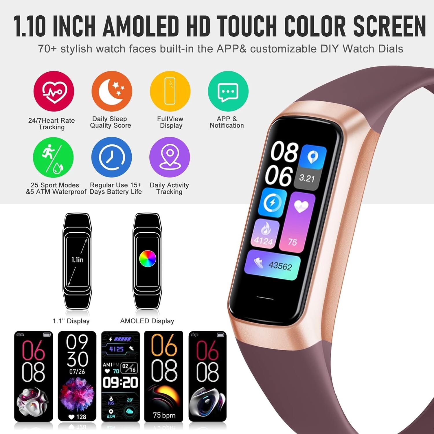 Fitness Tracker, Activity Trackers with 24/7 Heart Rate, Blood Oxygen Blood Pressure Sleep Monitor, Step Counter with 1.1" AMOLED Touch Color Screen, Calorie Pedometer Health Smart Watch for Women Men - Image 2