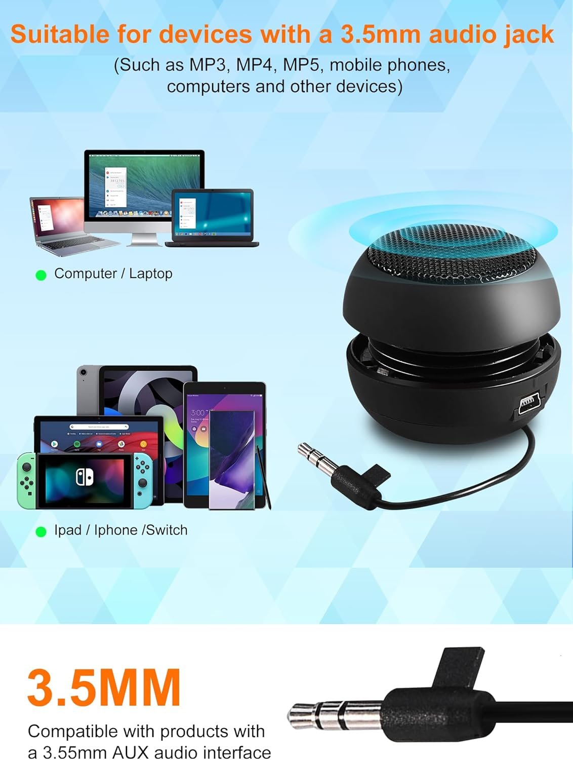 Portable Mini Speaker USB Wired Small Speakers with 3.5mm Aux Input Jack, Travel Speakers for Laptop Computer MP3 Player Speaker for Mobile Phone, MP3, PC - Image 2