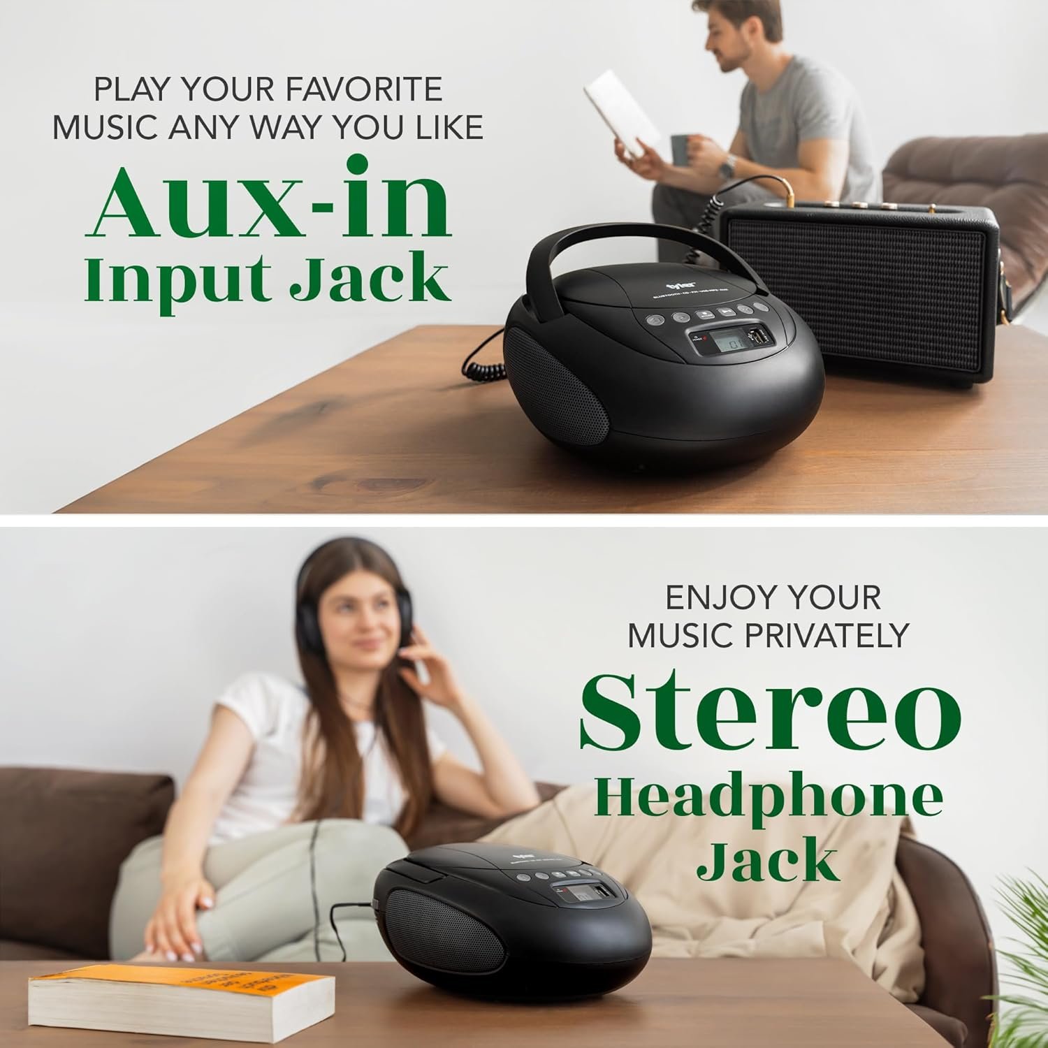 Tyler Portable CD Player Boombox with FM Radio, Bluetooth, and USB Port | Clear Stereo Sound | CD-R/RW and MP3 CDs Compatible | 3.5mm Aux Input and Headphone Jack | TAU107 - Black - Image 6