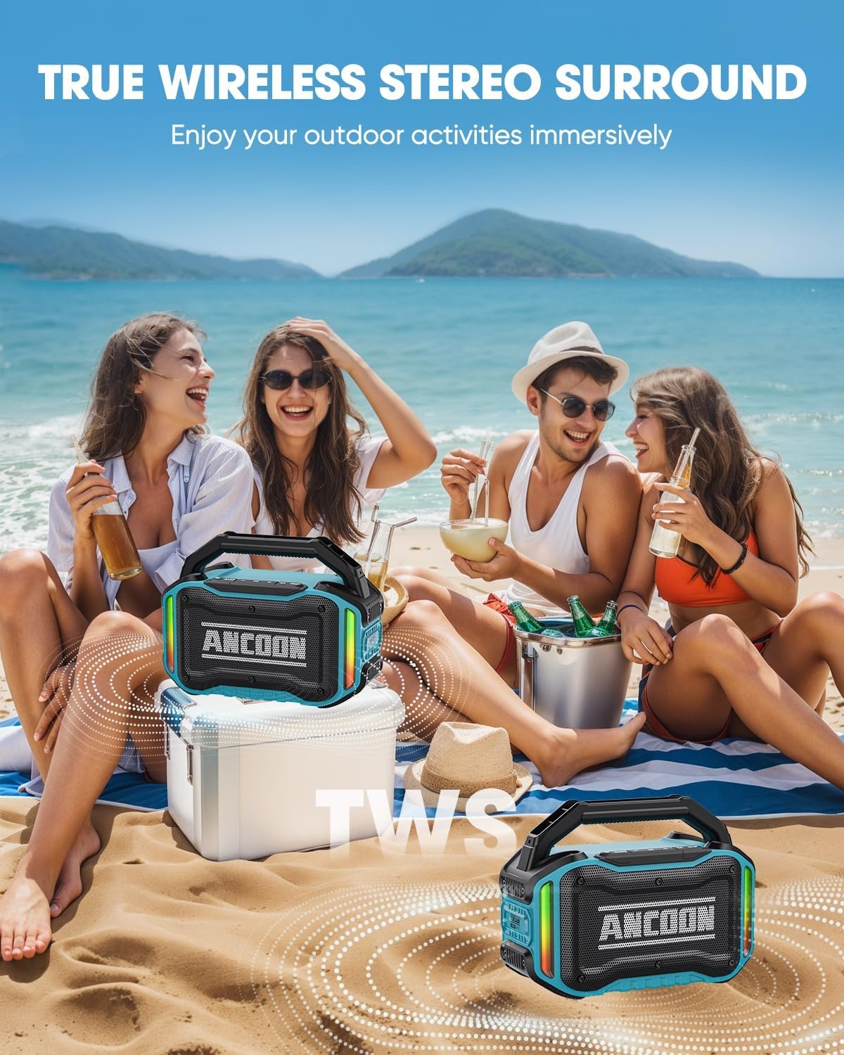 ANCOON Speakers Bluetooth Wireless: 80W(Peak) Loud Speaker with Bass, 20H Playtime, IPX6 Waterproof, Large Jobsite Speakers for Work, Outdoor, Workshop, Garage, Portable Speaker with TWS (Sky Blue) - Image 4