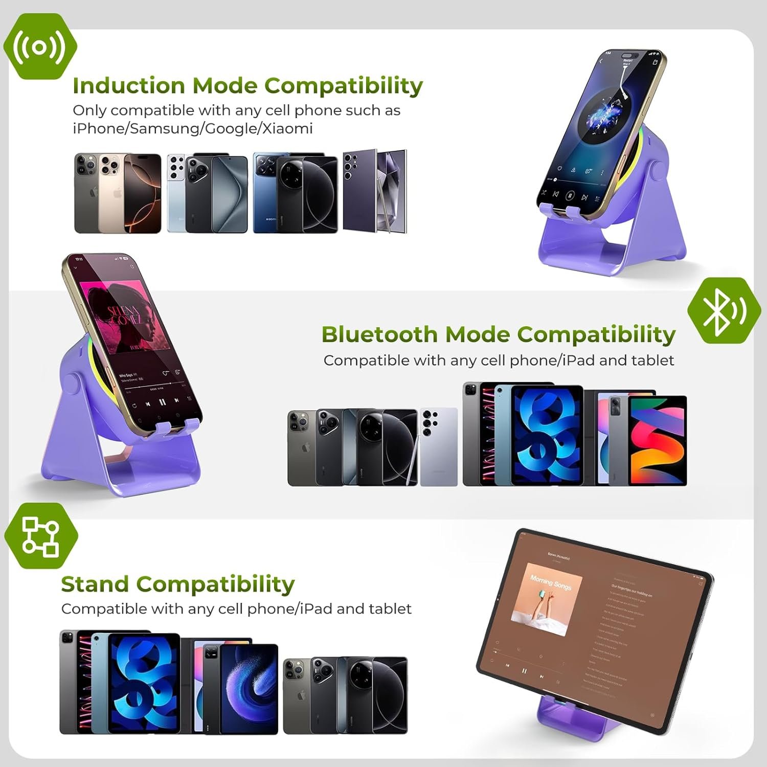 Wireless Induction Speaker, 4 in1 Phone Stand Bluetooth Speaker Amplifier with Colorful Ambient Light 360° Rotation Holder for Tablet iPhone Android,Portable Gifts for Adults Teens (Purple) - Image 4