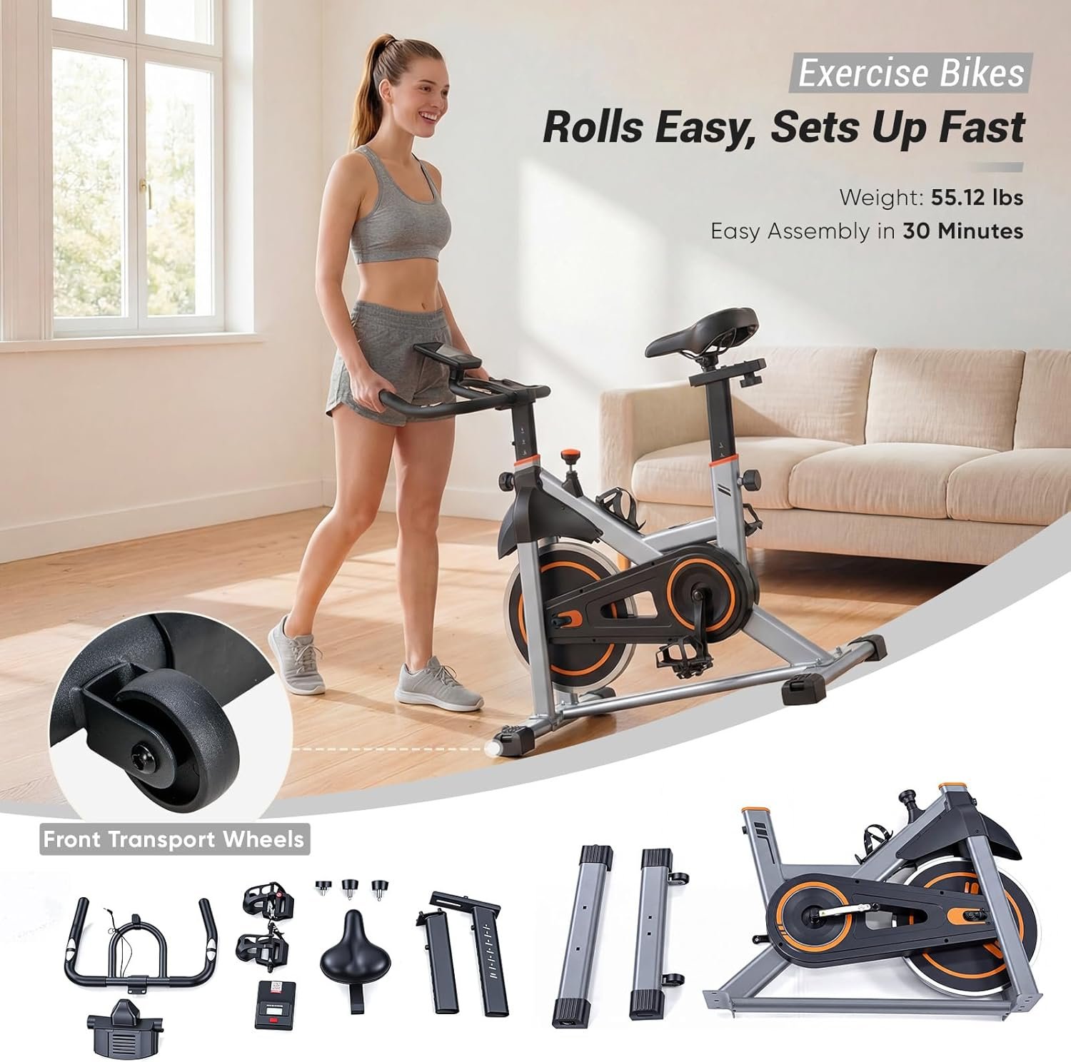 OLIXIS Exercise Bike with APP Control, Brake Pad Stationary Bikes with Quiet Magnetic Resistance, Indoor Cycling Spin Workout Bike with 300.0 lbs Weight Capacity, Classic Orange - Image 6
