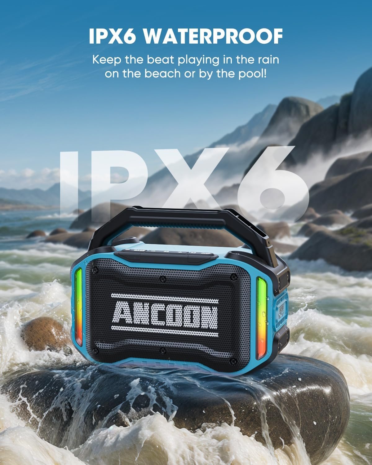 ANCOON Speakers Bluetooth Wireless: 80W(Peak) Loud Speaker with Bass, 20H Playtime, IPX6 Waterproof, Large Jobsite Speakers for Work, Outdoor, Workshop, Garage, Portable Speaker with TWS (Sky Blue) - Image 3