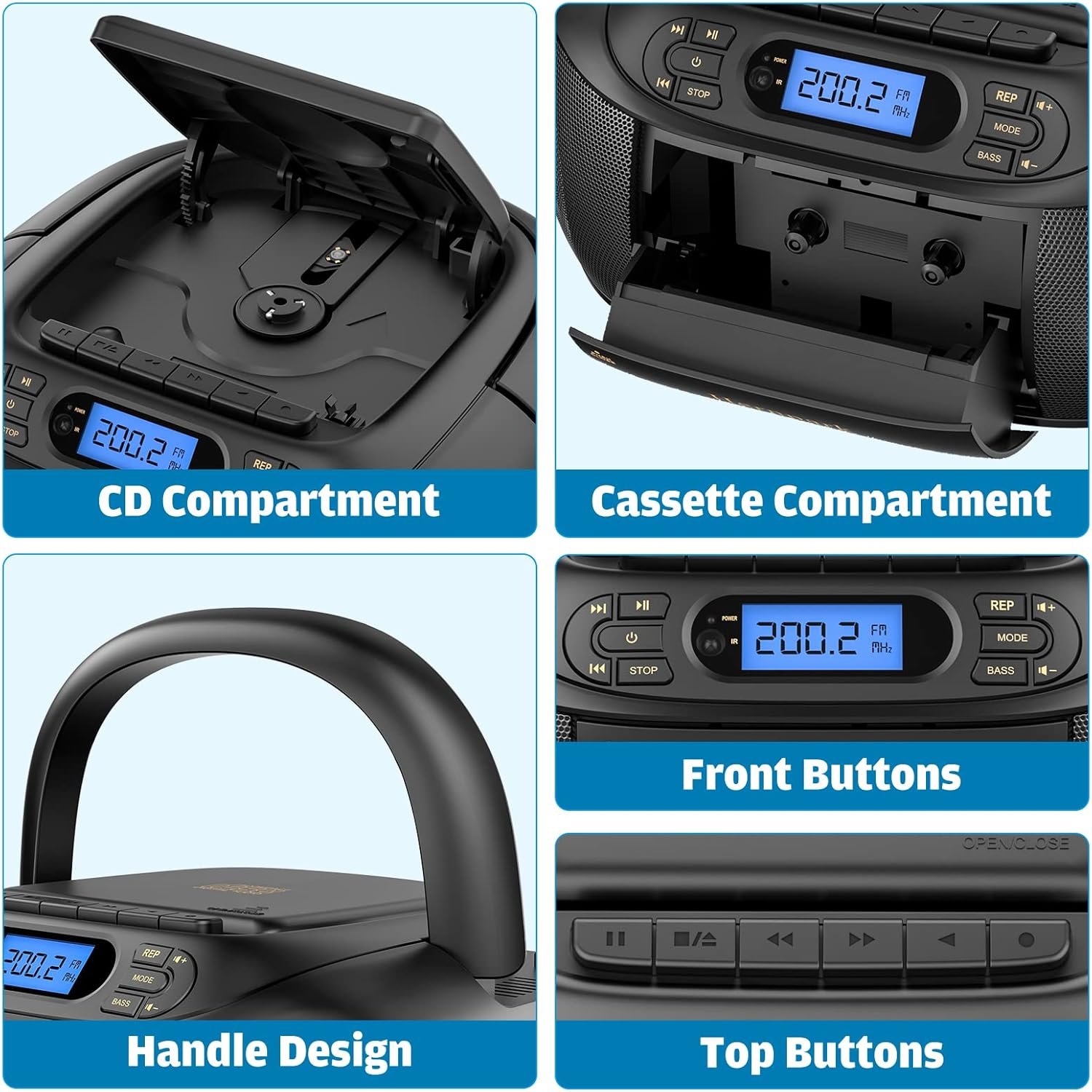 CD Cassette Player Combo, Hernpark Rechargeable Boombox with Bluetooth 5.1, Tape Recording, FM Radio, Super Bass, Stereo Sound, Aux/USB Drive, Headphones Jack, Boom Box for Indoor Outdoor - Image 4