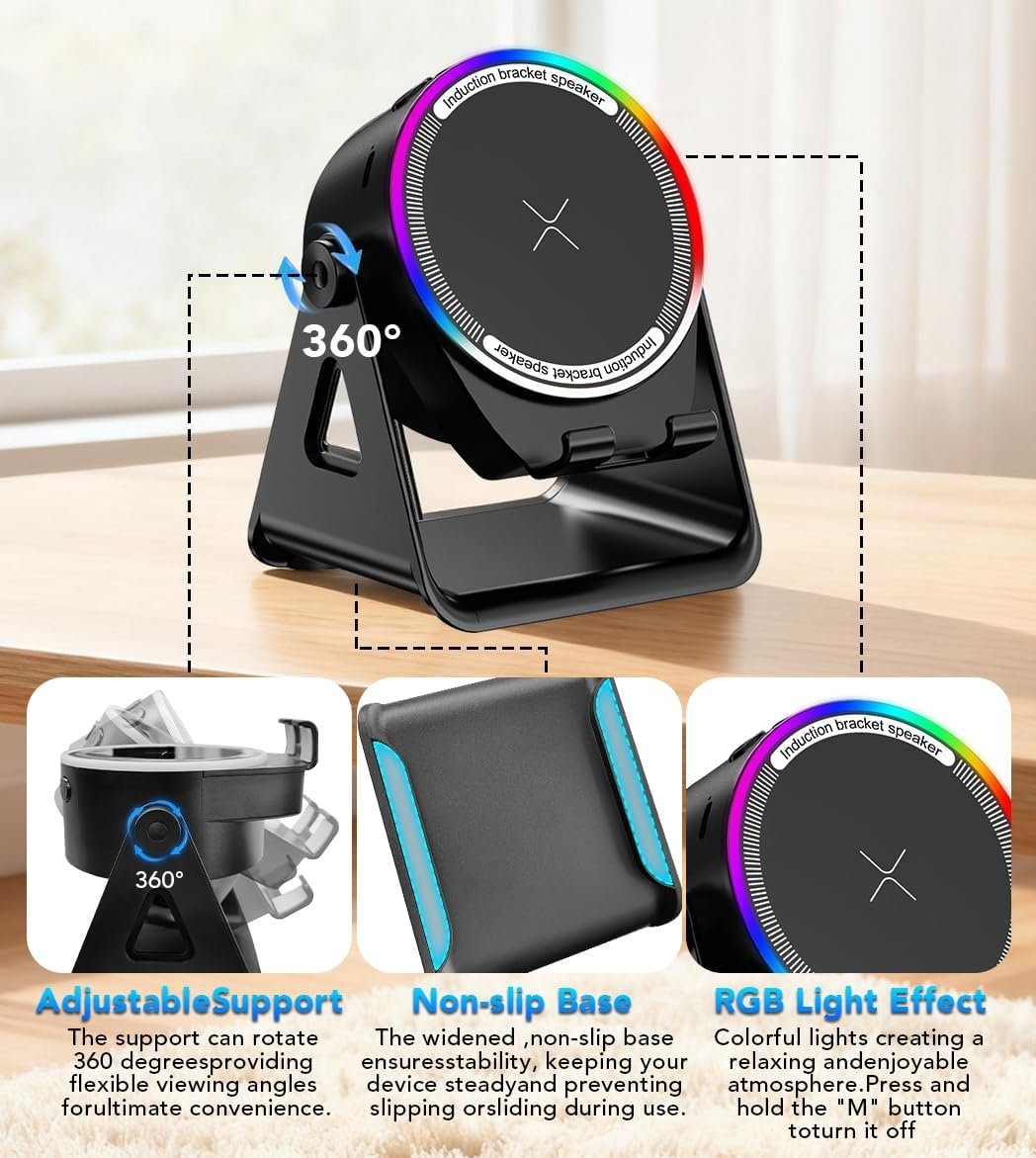 Bluetooth Speaker, 4-in-1 Wireless Induction Speaker & RGB Light Stand Multi-Functional Phone Stand Instant-Connect Stereo Sound, 360° Adjustable Holder for iPhone/Android/iPad/Samsung (Black) - Image 5