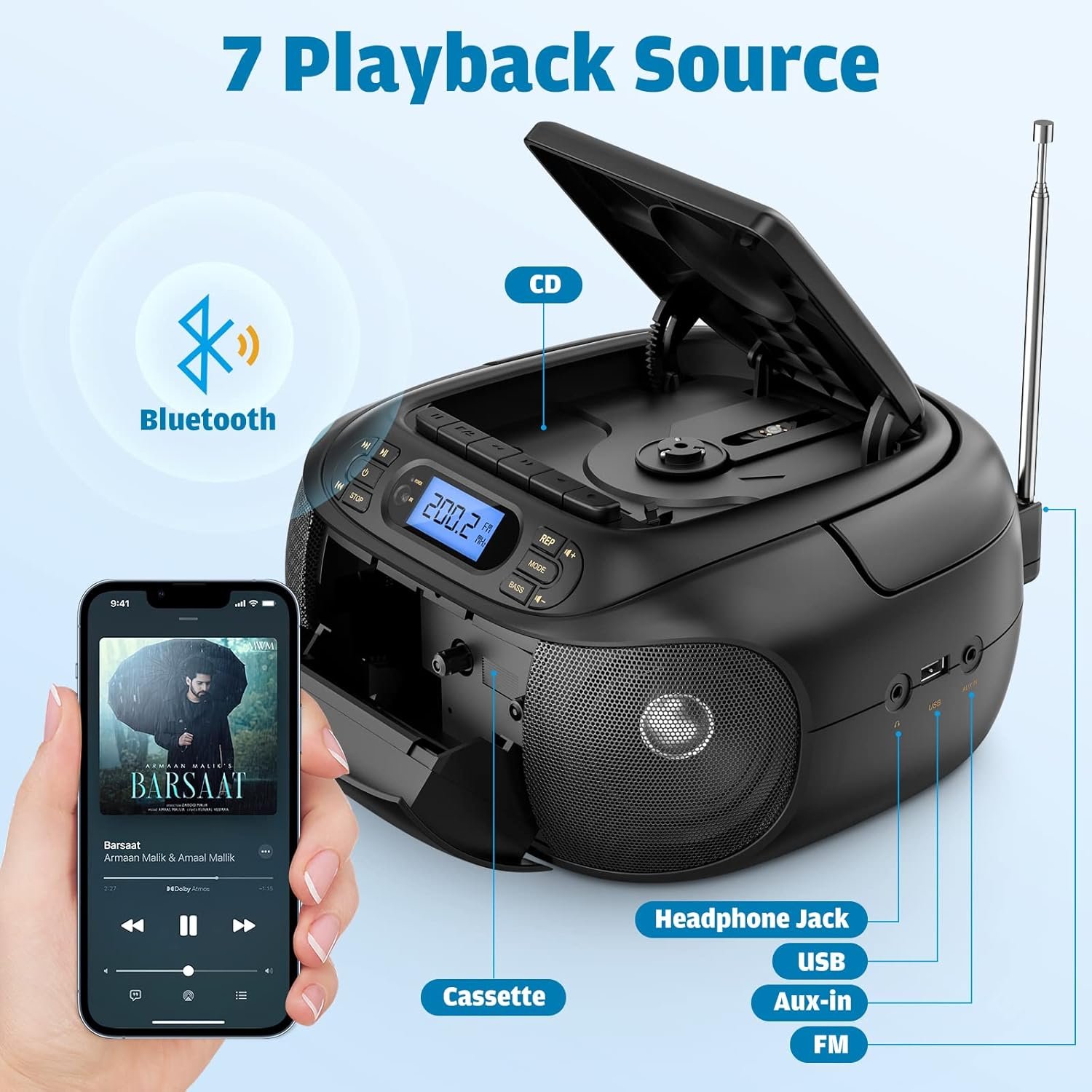 CD Cassette Player Combo, Hernpark Rechargeable Boombox with Bluetooth 5.1, Tape Recording, FM Radio, Super Bass, Stereo Sound, Aux/USB Drive, Headphones Jack, Boom Box for Indoor Outdoor - Image 2