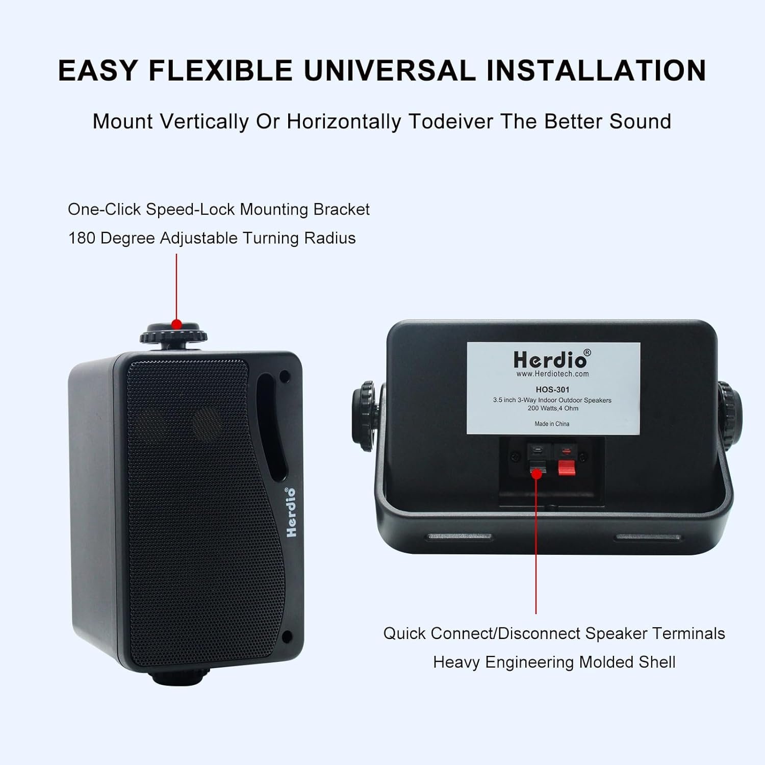 Herdio 3.5 Inch Passive Outdoor Speakers Wired Waterproof, 200W 3 Way Premium Mountable Wall Mount Speakers with Superior Sound, All-Weather Durability, for Patio Marine Boat Garage Indoor(Black Pair) - Image 4