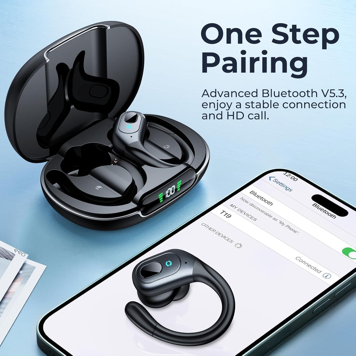 occiam Active Noise Cancelling Earbuds Wireless Bluetooth Headphones Ear Buds 90Hrs Playback Stereo Bass Earphones with Mic Over-Ear Hooks IPX7 Waterproof Headset for Work Sports Running Matte Black - Image 6