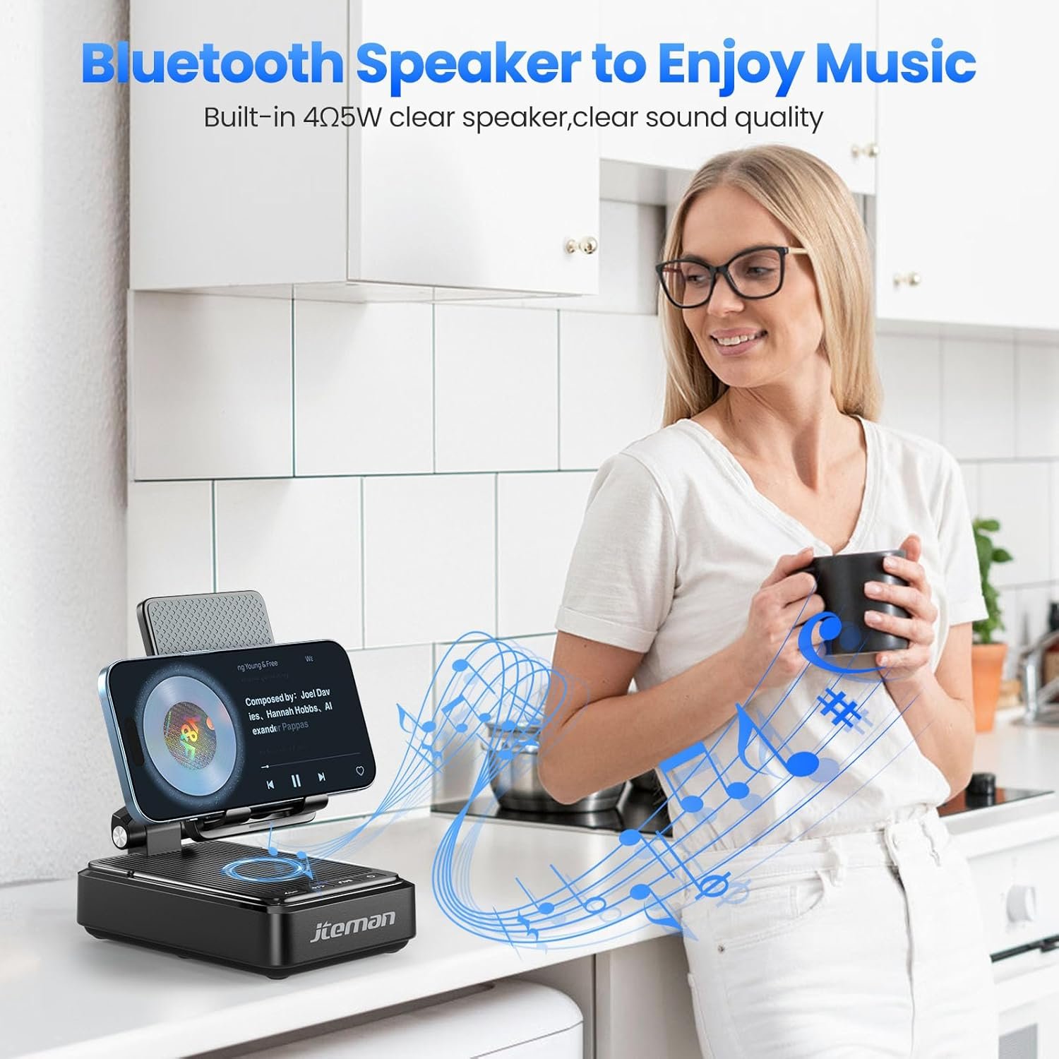 Jteman Cell Phone Stand with Bluetooth Speaker and Wireless Charger, Desktop Charging Station Stand Speaker for iPhone, Christmas Birthday Gift for Men Women (Black) - Image 3