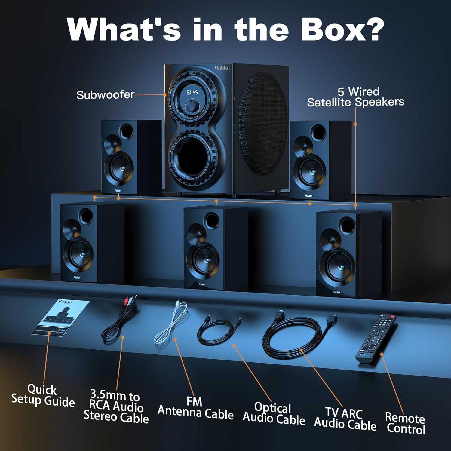 Bobtot Surround Sound Systems 1400 Watts Peak Power Home Theater Speakers - 12" Subwoofer Strong Bass 5.1 Wired Loud Stereo Audio System with ARC Optical Bluetooth Input for TV - Image 6
