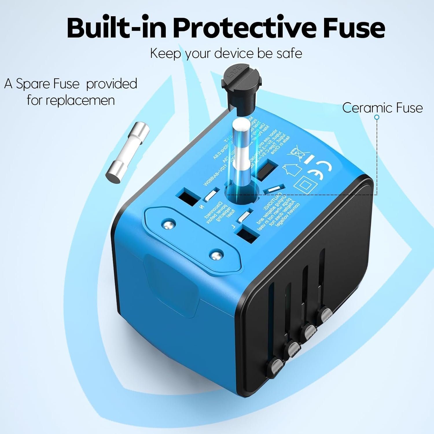 JMFONE Universal Travel Adapter, 4 USB C/A Ports & 2500W AC Outlets, All-in-One International Power Plug Adapter for All USB Devices, Worldwide Travel Charger for Europe US UK AU 200+ Countries (Blue) - Image 4