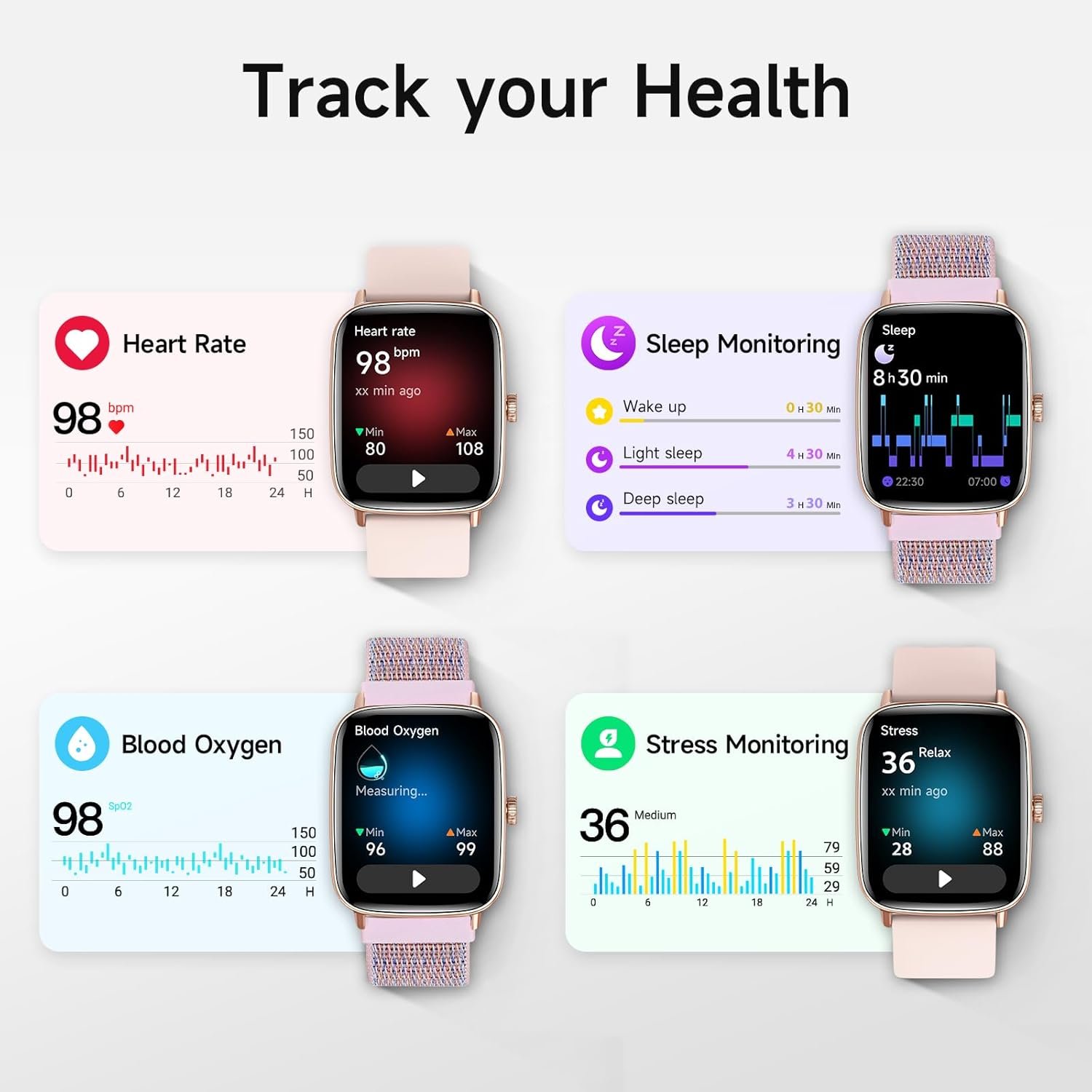 Smart Watch for Women, 1.85" HD Smartwatch Compatible iPhone/Samsung/Android (Answer/Make Calls), 100+ Sport Modes Fitness Tracker with Heart Rate/Sleep/SpO2 Monitor, IP68 Waterproof, with 2 Bands - Image 2