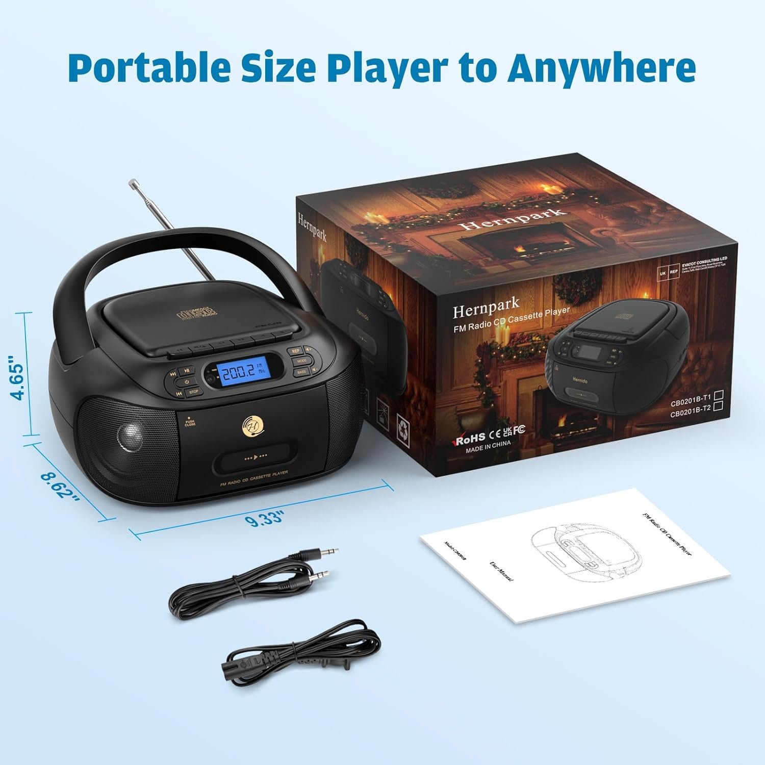 CD Cassette Player Combo, Hernpark Rechargeable Boombox with Bluetooth 5.1, Tape Recording, FM Radio, Super Bass, Stereo Sound, Aux/USB Drive, Headphones Jack, Boom Box for Indoor Outdoor - Image 6