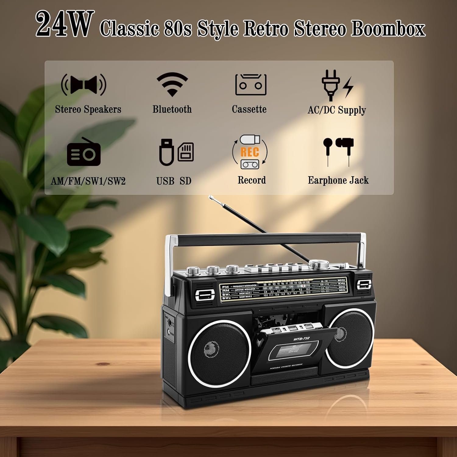 Retro Classic 80s Style Portable Boombox with Cassette Player Recorder, AM/FM/SW1/SW2 Radio, Bluetooth, USB/Micro SD Slots, Headphone Jack, 24W Dual Full-Range High Bass Speakers - Image 2
