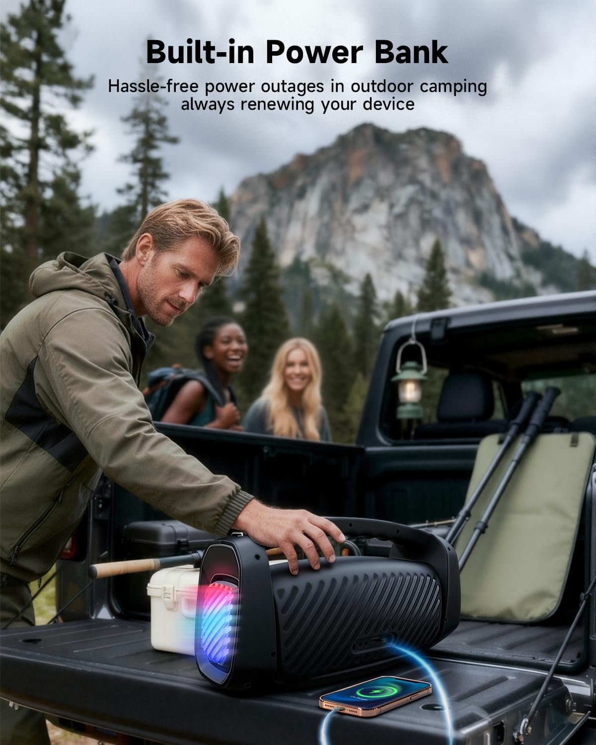 RWN Outdoor Bluetooth Speaker: 160W Loud Sound, IP67 Waterproof with 24H Playtime, Fast Charge, Bass, TWS, Portable Wireless Speakers with Light Show for House, Party, Projector, Beach (Black) - Image 8