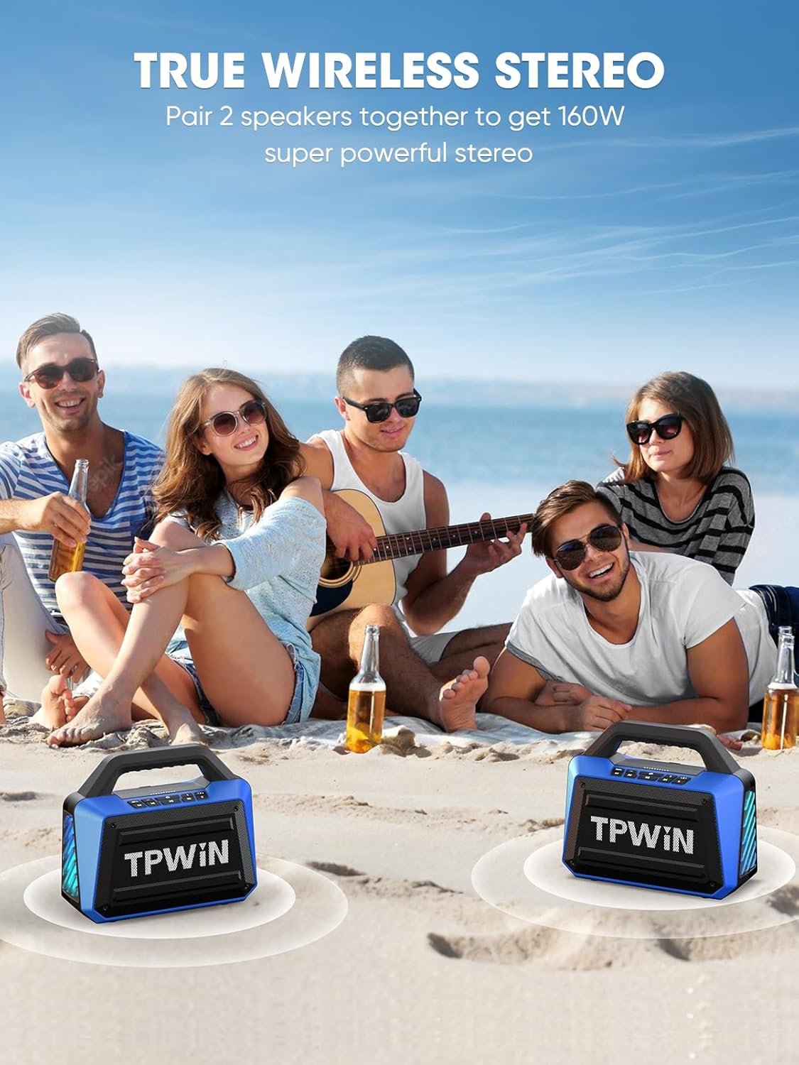 Portable Bluetooth Speakers Loud - Wireless Speaker 80W Peak, Light Show, 20H Playtime, Strong Bass, BT 5.3, TWS, IPX6 Waterproof for Outdoor Travel Beach Camping - Blue - Image 4
